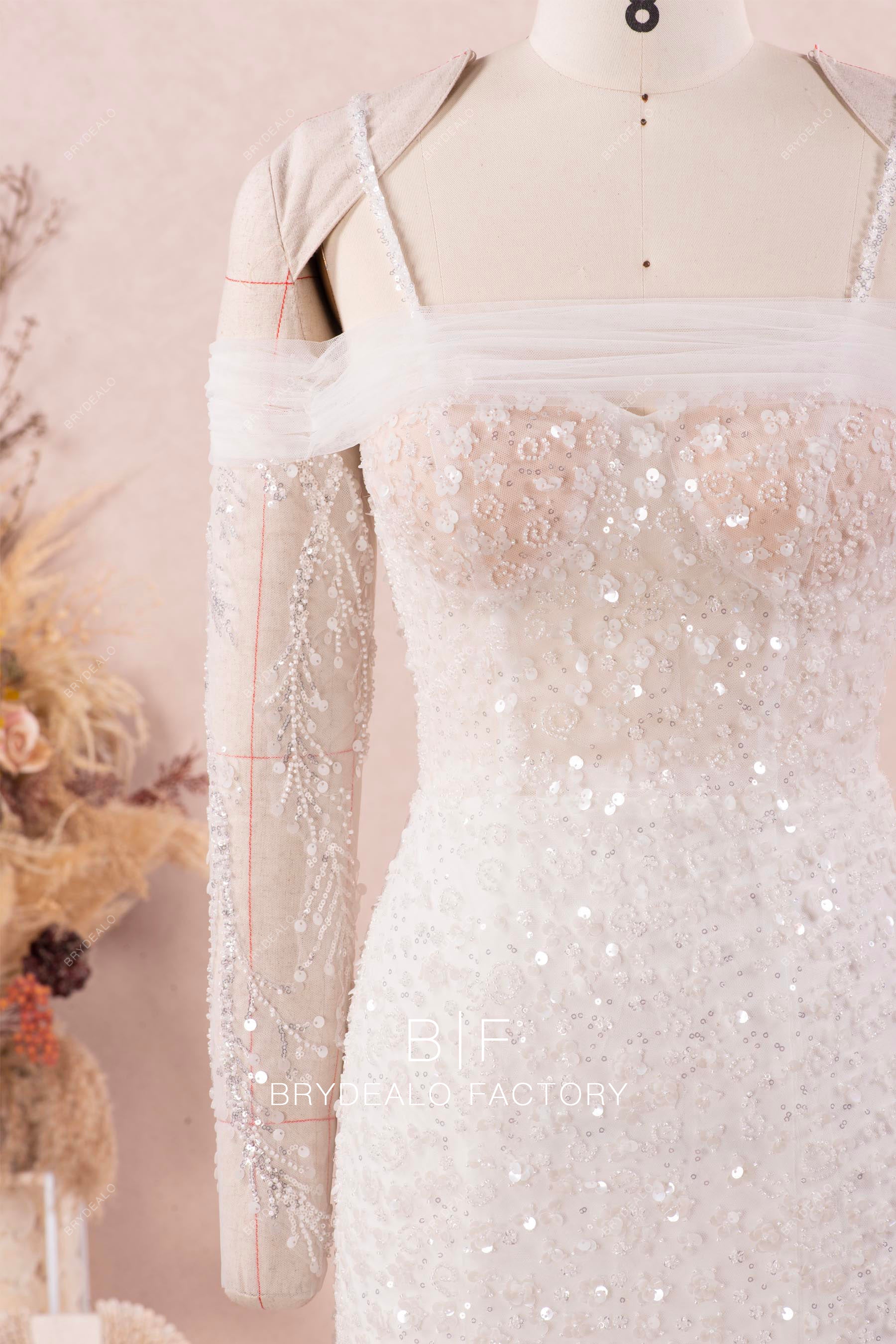 pleated tulle long off shoulder sleeve bridal gown