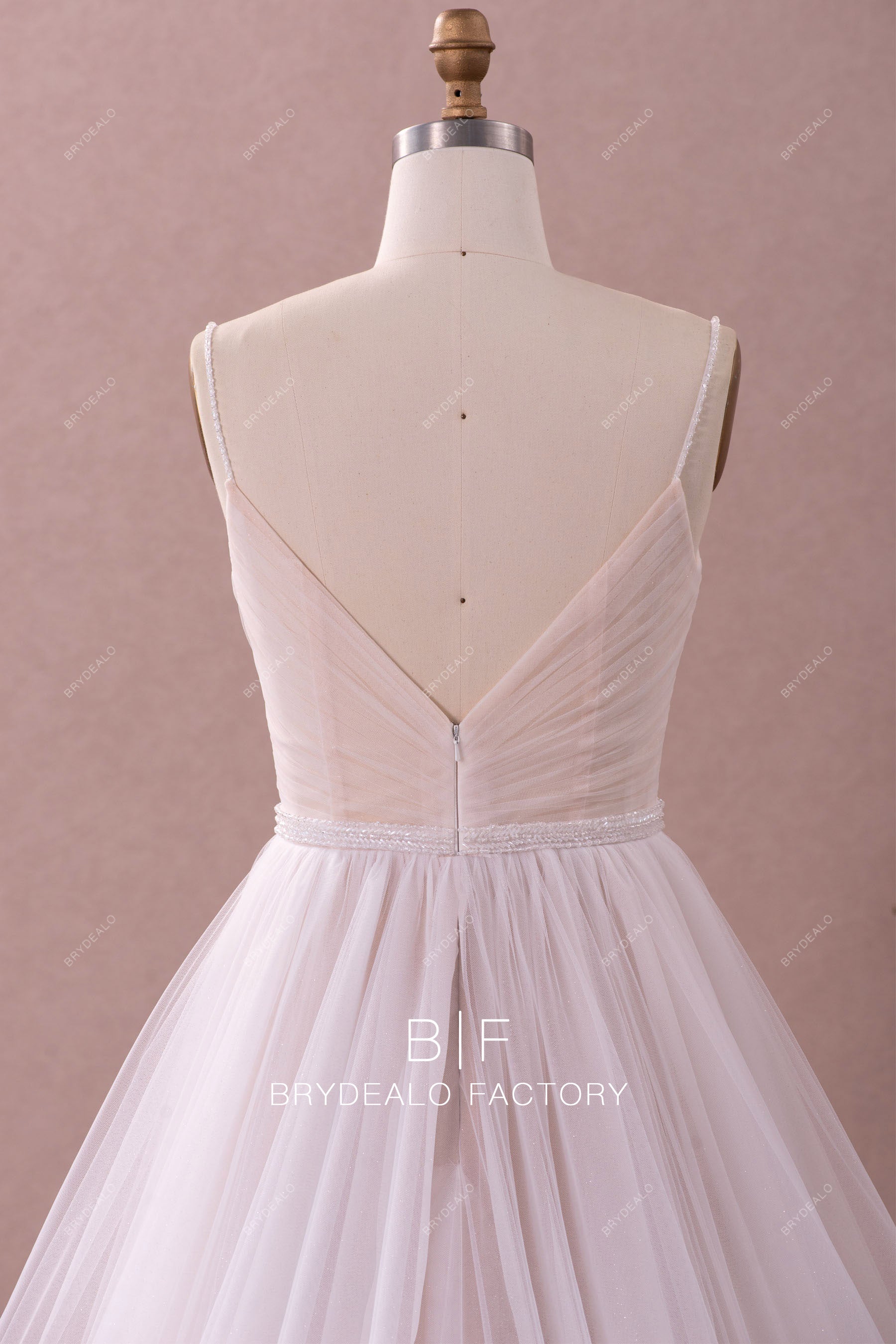 pleated v-back tulle wedding dress