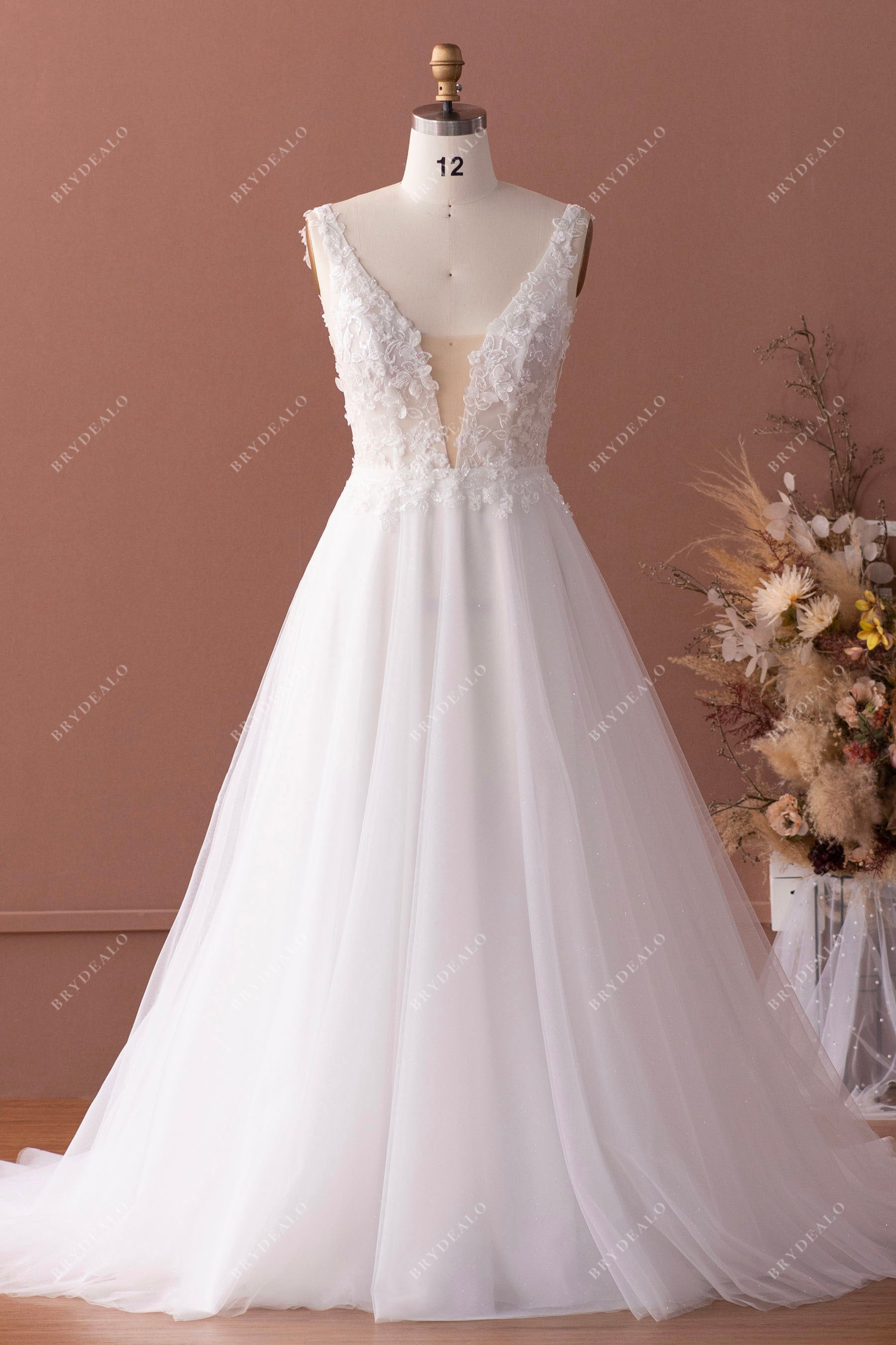 plunging 3D flower lace A-line wedding dress
