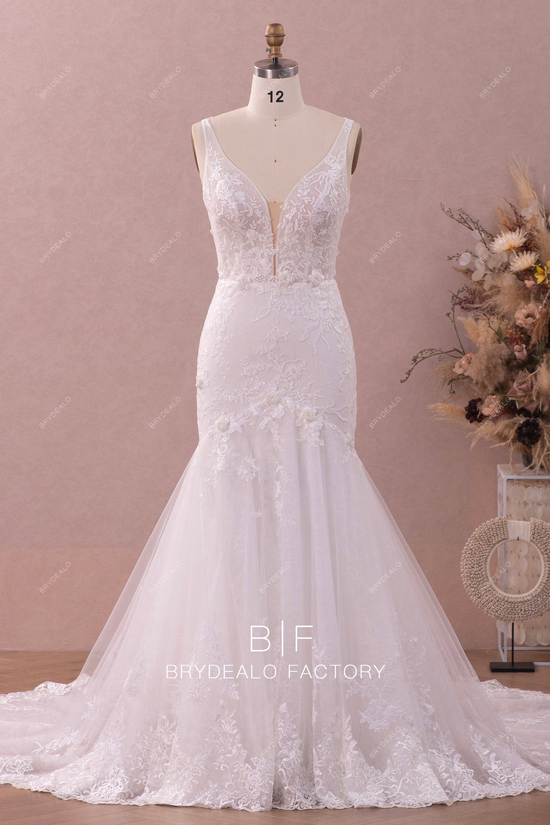 plunging 3D flower shimmery lace mermaid wedding dress