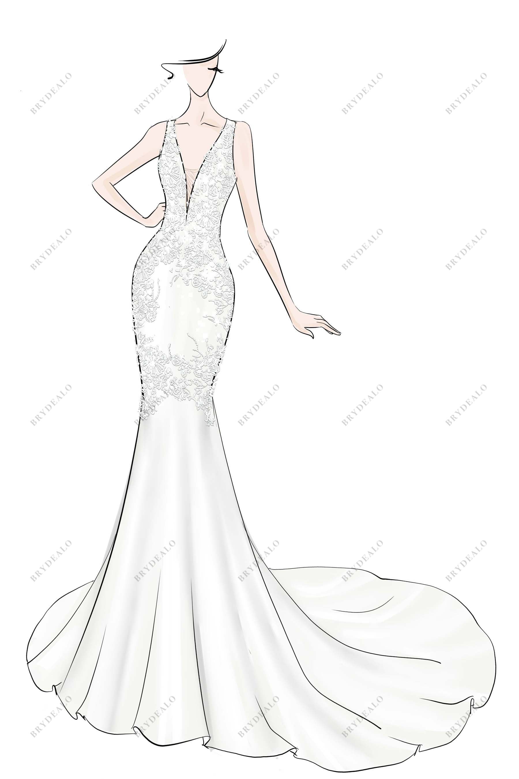 Plunging V-neck Custom-made Lace Satin Mermaid Dress Sketch Sketch to Dress Consulting