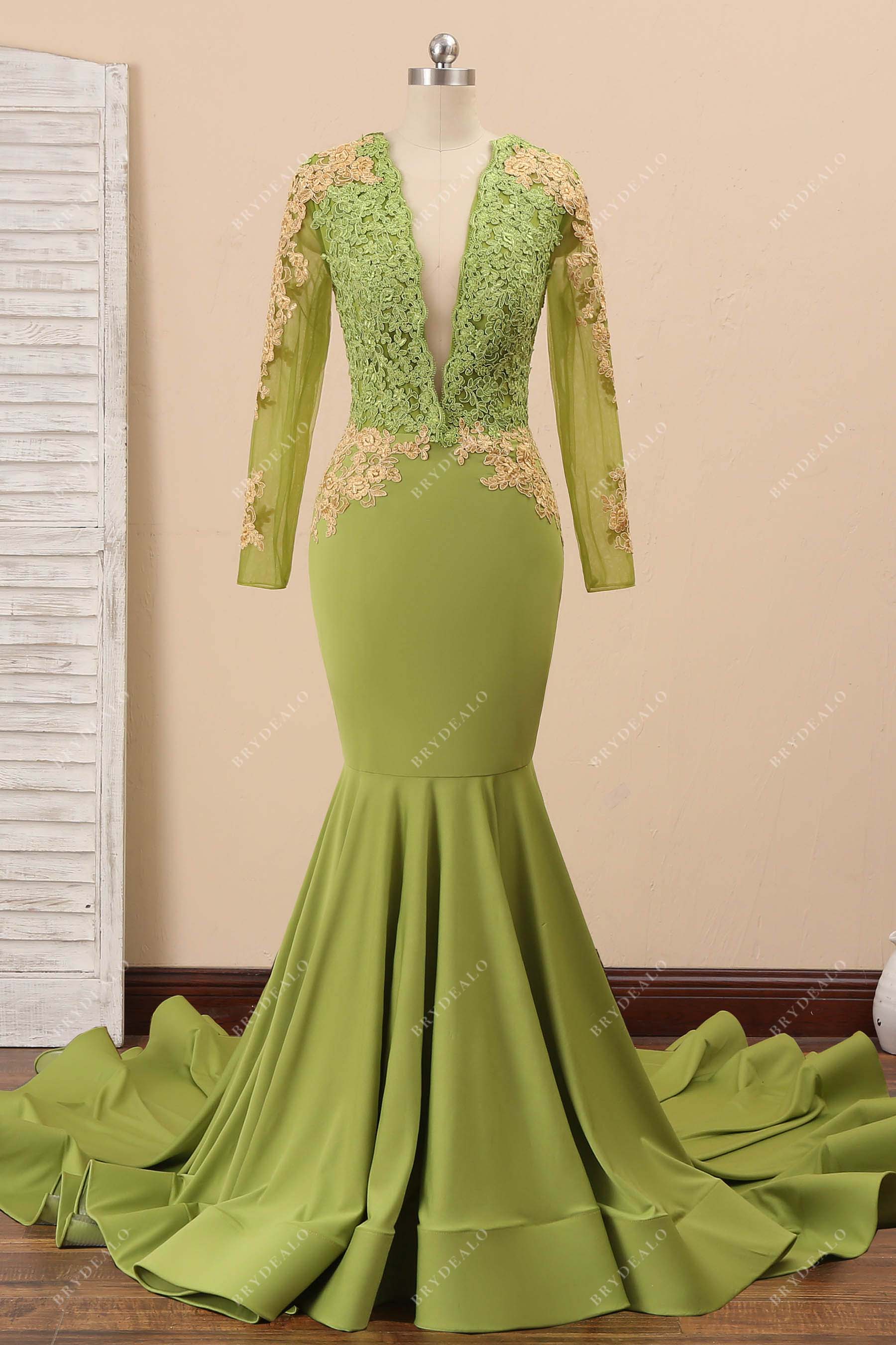 plunging neck lace mermaid jersey prom gown