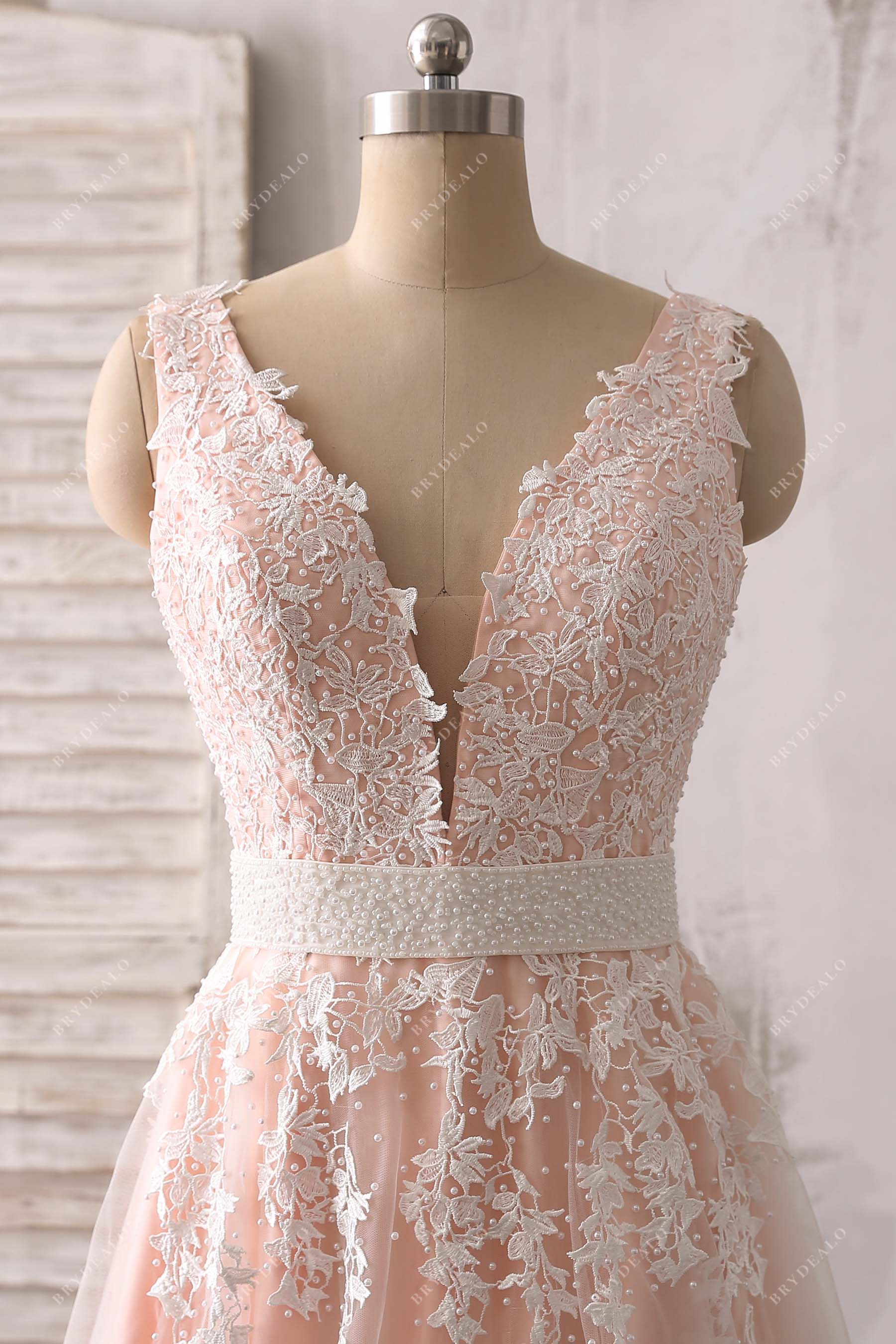 plunging V-neck lace tulle prom gown