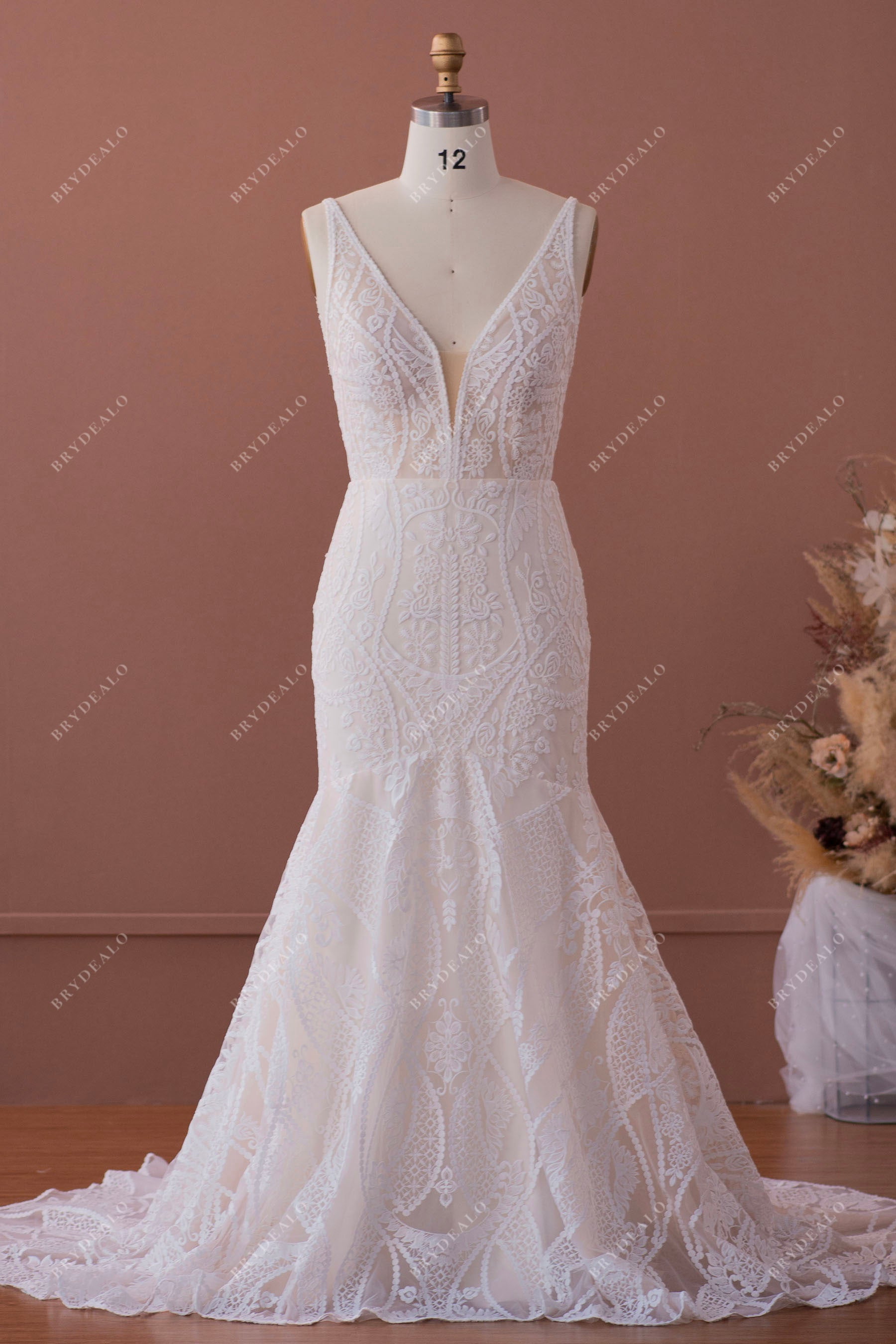 plunging boho lace mermaid wedding dress sample