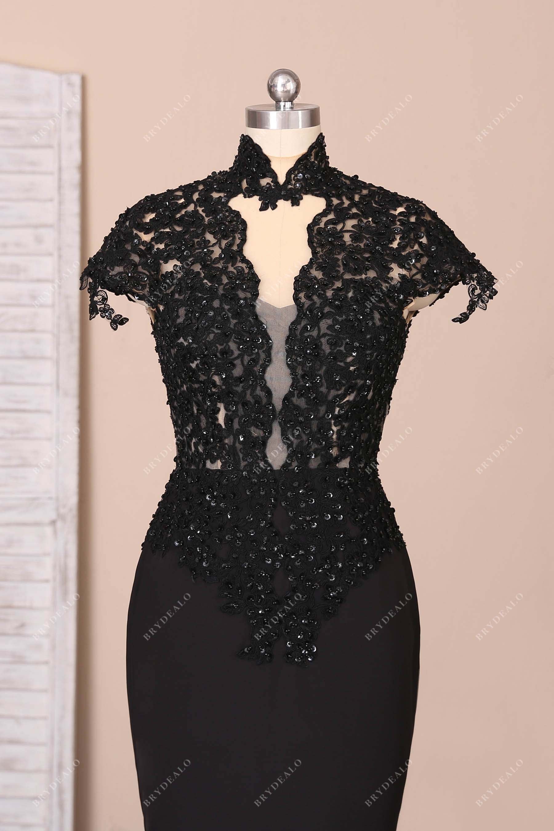 plunging cap sleeve beaded lace prom dress