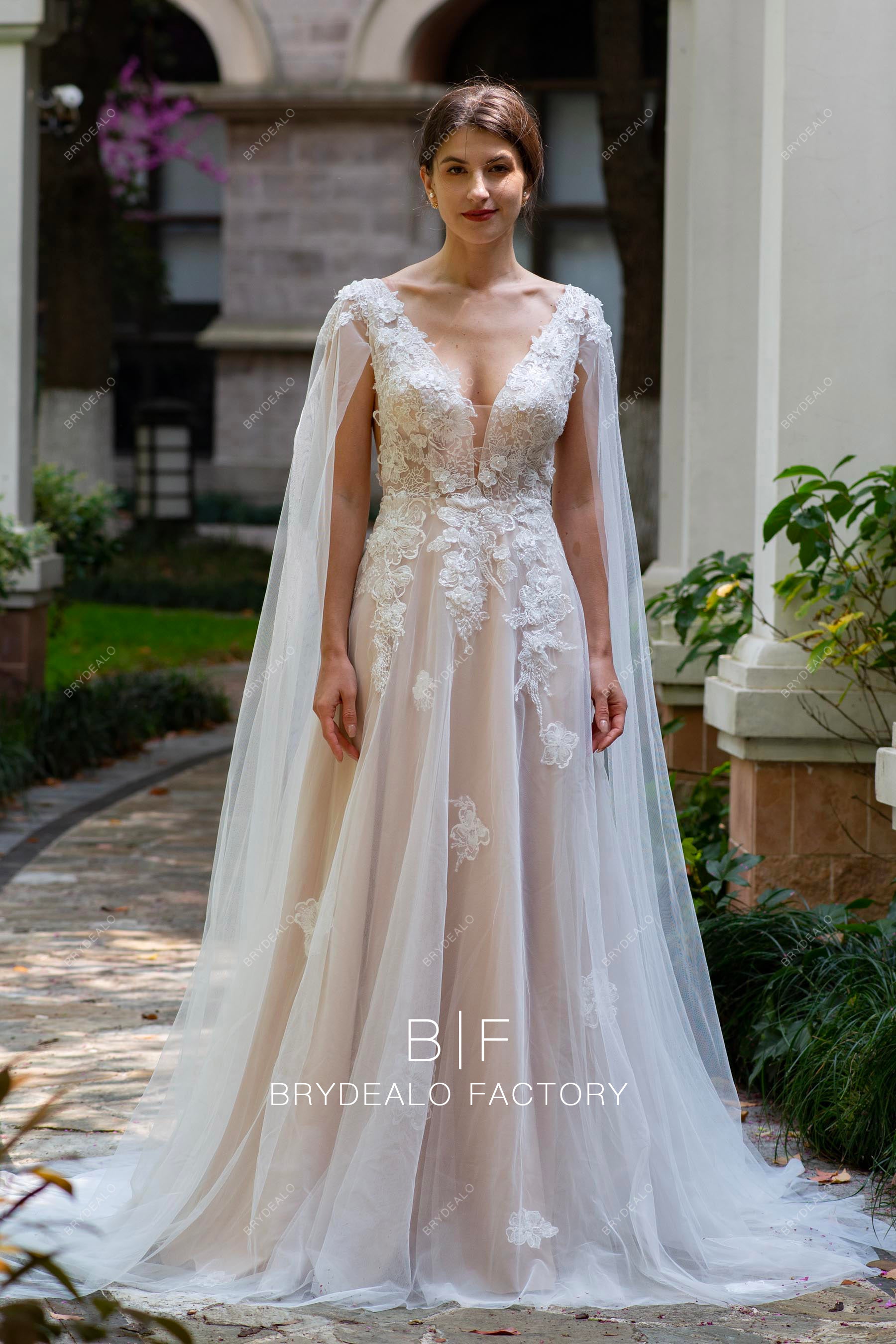 Ethereal 3D Flower Lace Detachable Shoulder Veil Wedding Dress Nude Beige Ethereal 3D Flower Lace Detachable Shoulder Veil Wedding Dress Nude Beige
