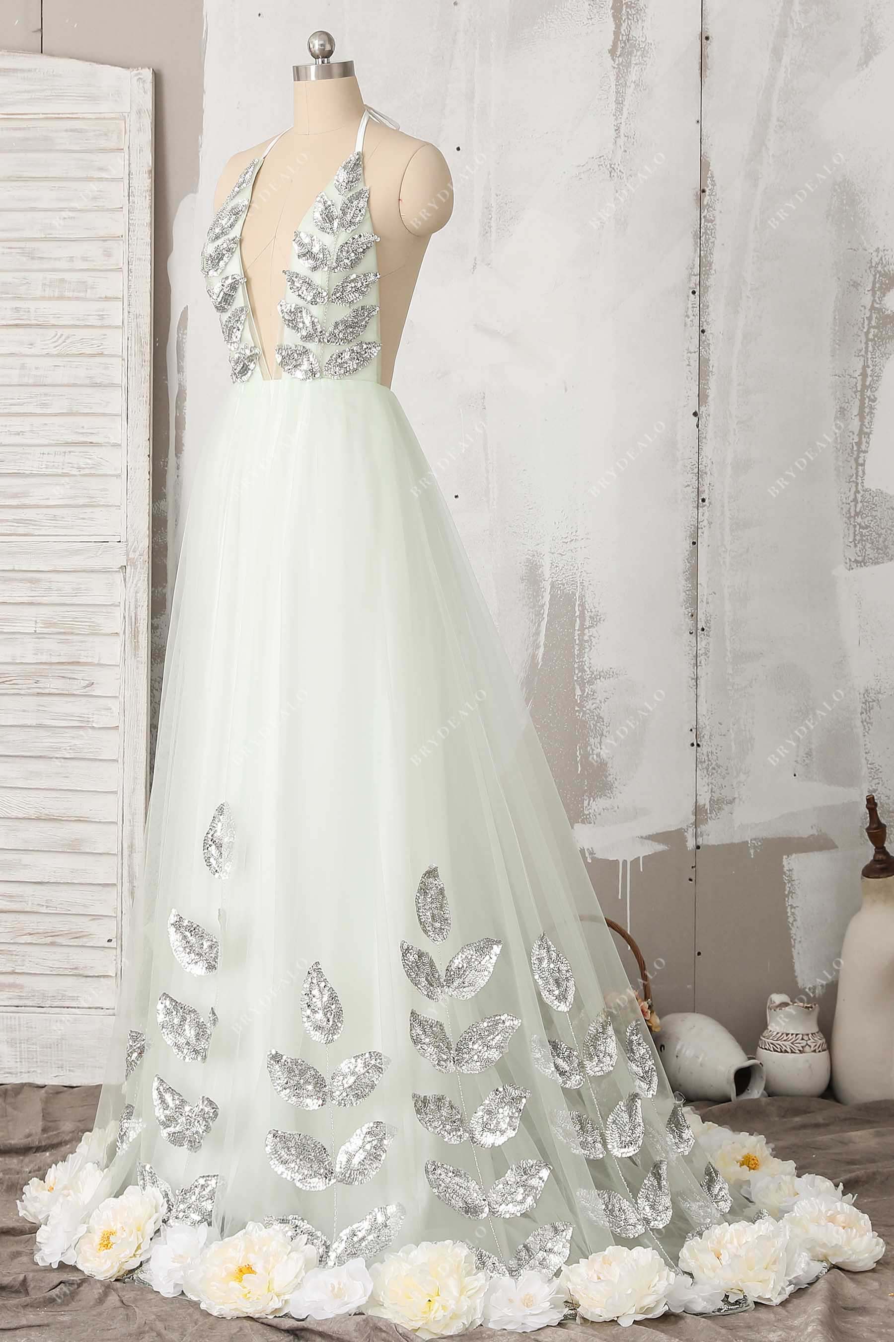 plunging halter neck silver leaf patterned sequin prom dress