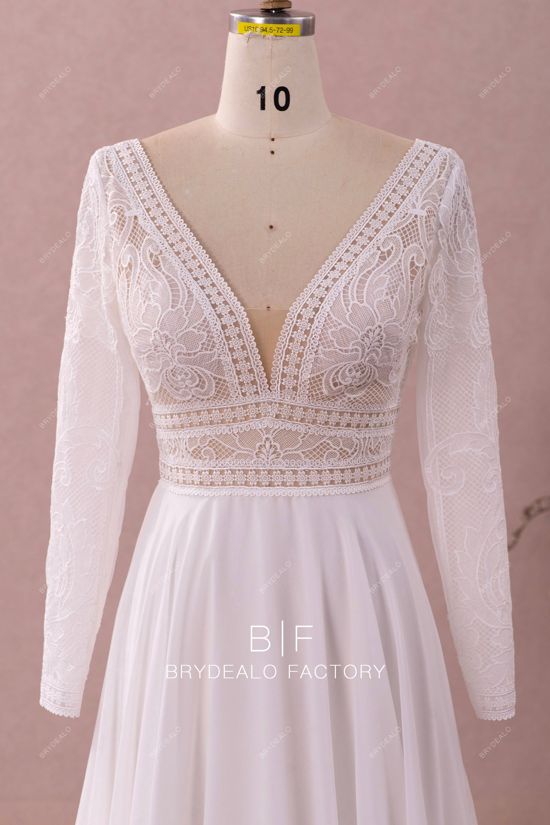 plunging lace long sleeve wedding dress