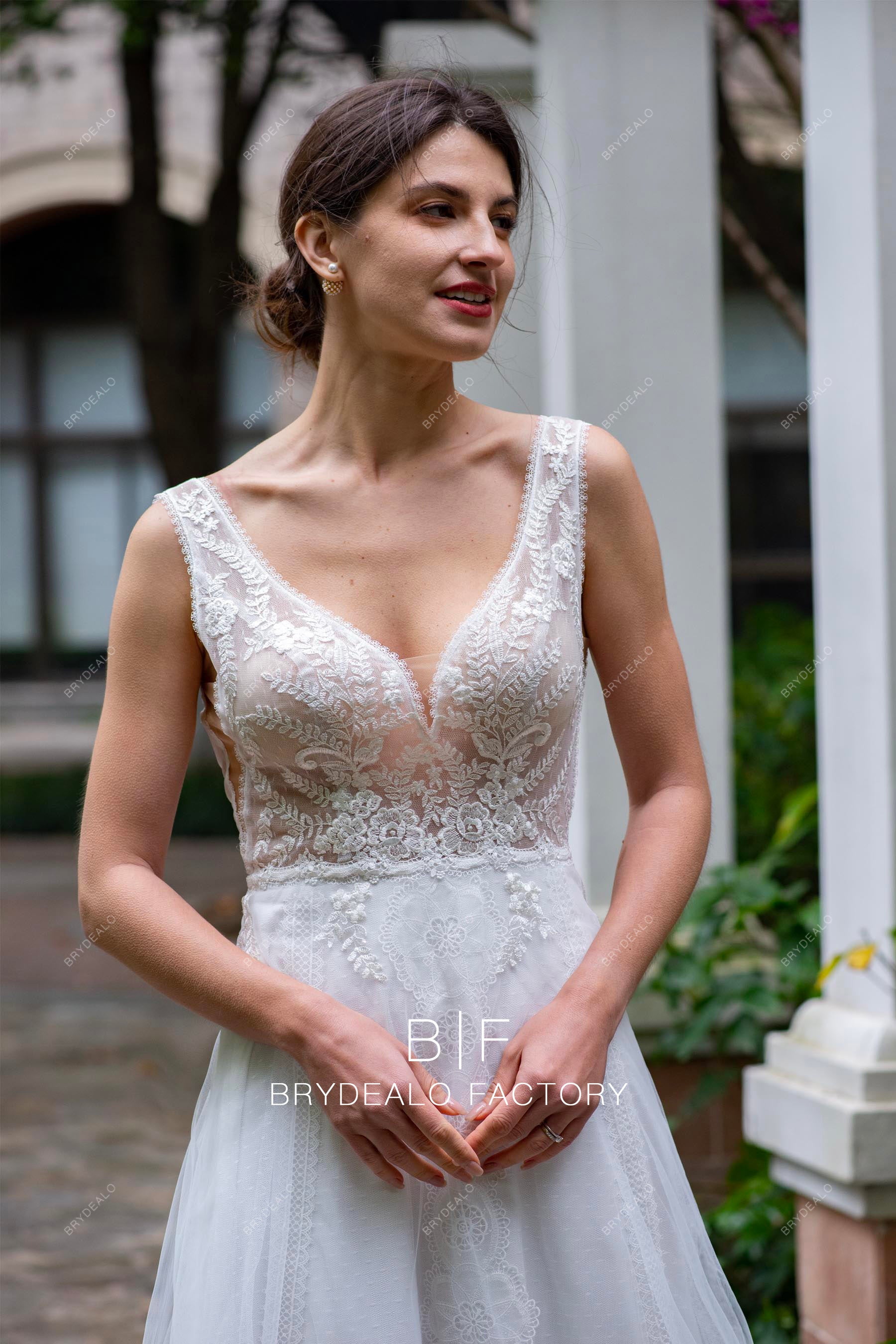 plunging lace tulle boho wedding dress