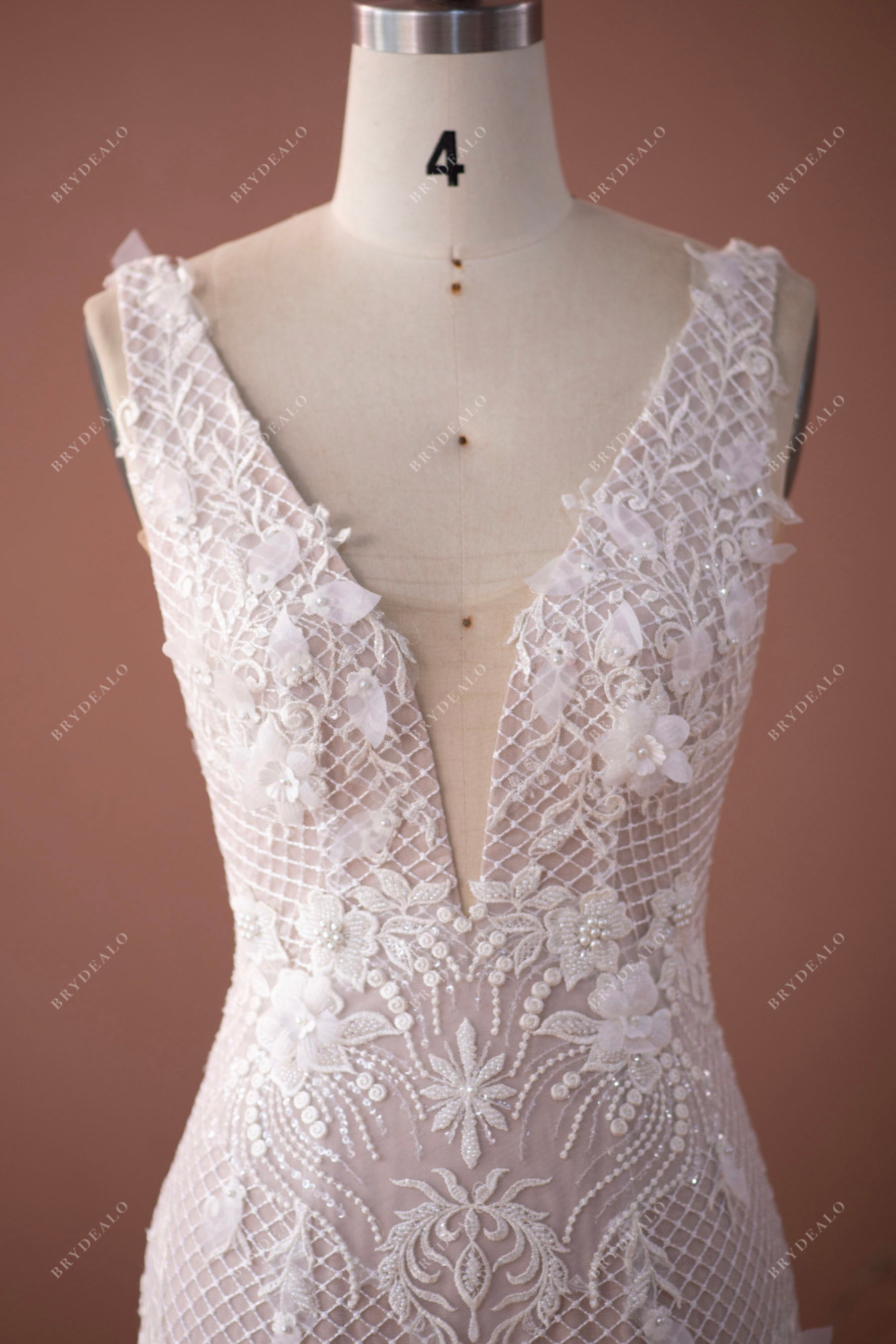 plunging neck sleeveless 3D lace bridal gown
