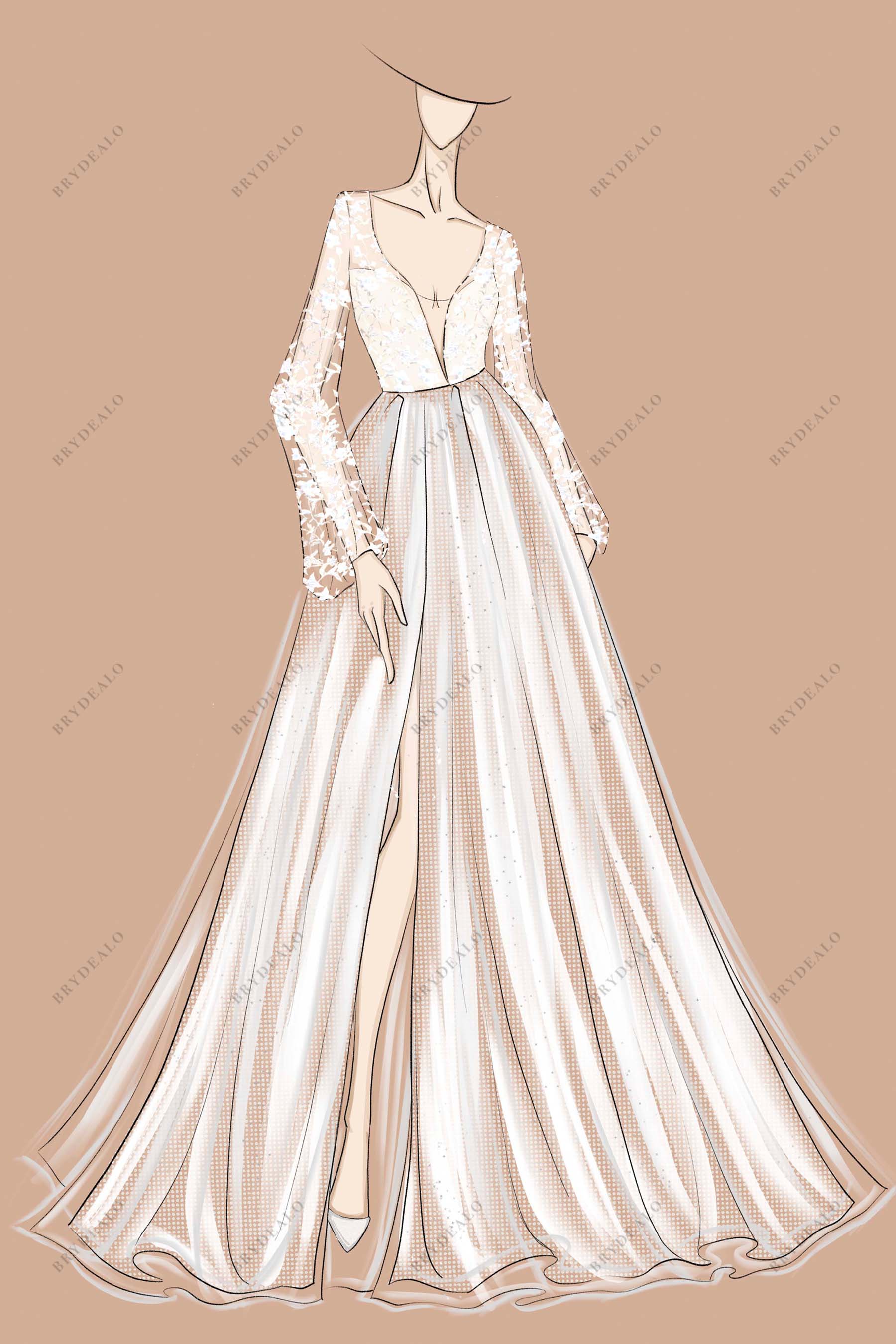 Plunging Neck Boho Lace A-line Bridal Dress Sketch