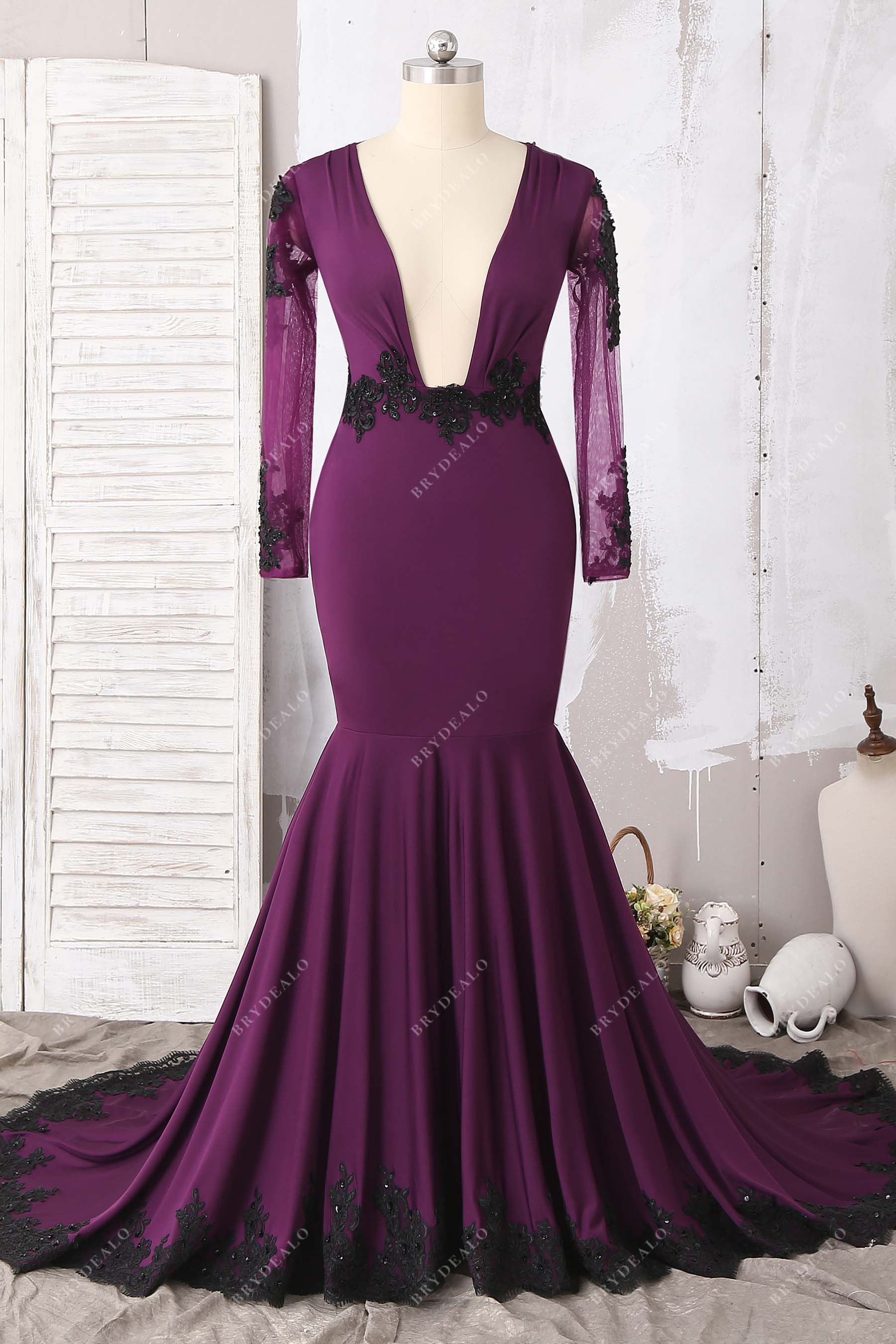 Lace Grape Jersey Illusion Plunging Prom Dress Lace Grape Jersey Illusion Plunging Prom Dress