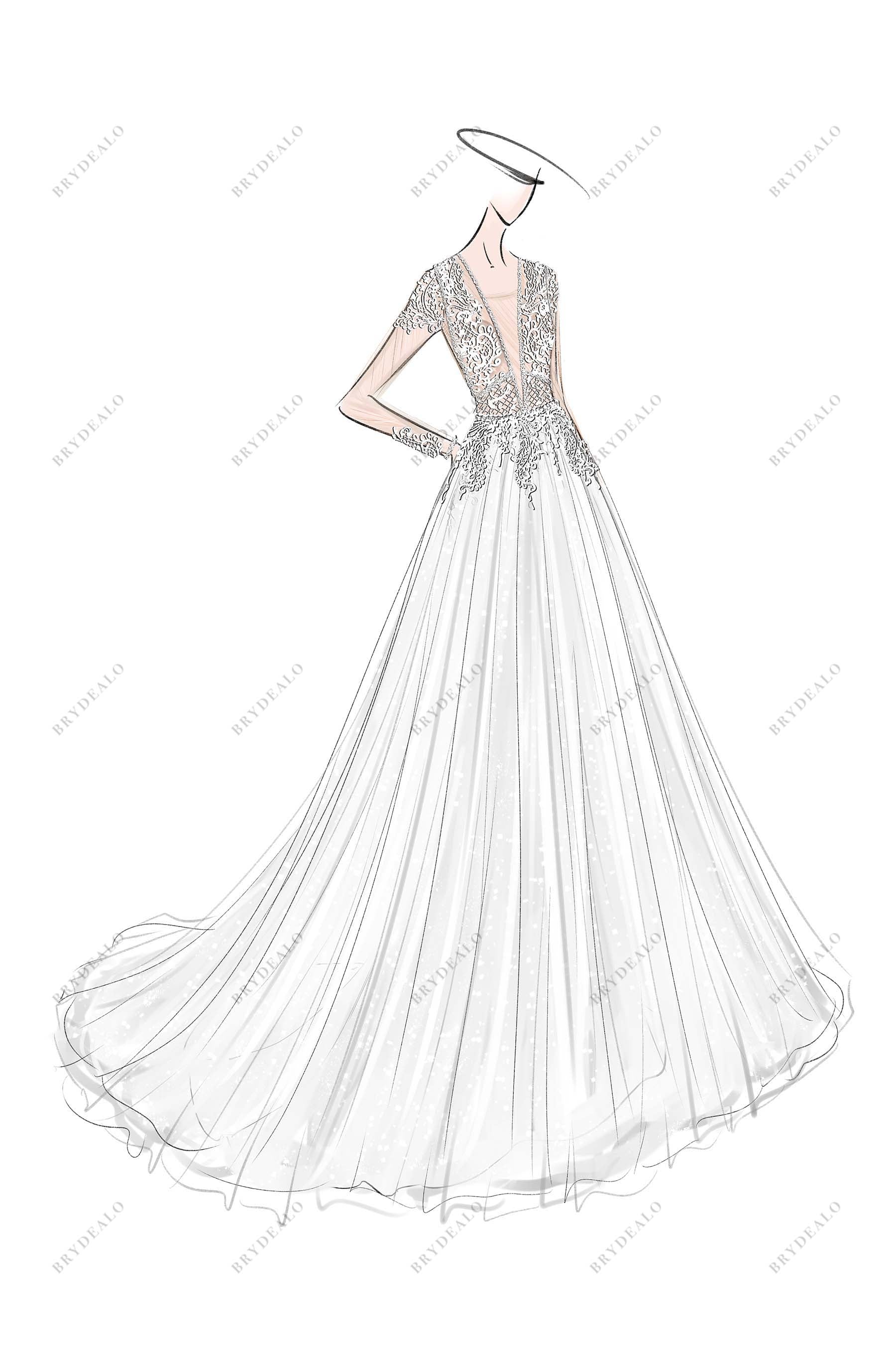 Plunging Neck Lace Custom-made Wedding Ball Gown Sketch