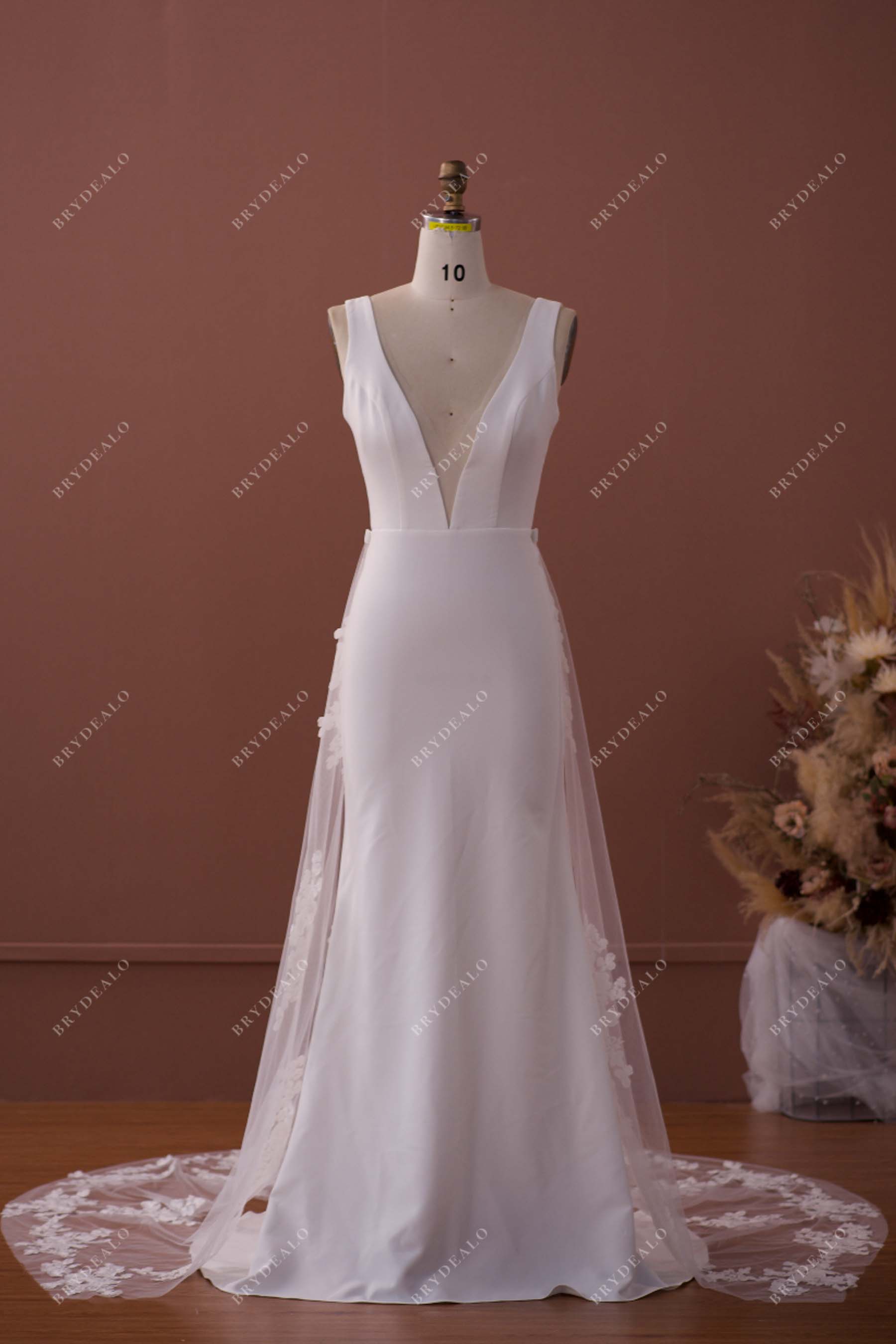bridesmaid dress with overskirt Wholesale Custom Crepe Bridal Dress with Detachable Overskirt Light Ivory / Dress+Overskirt