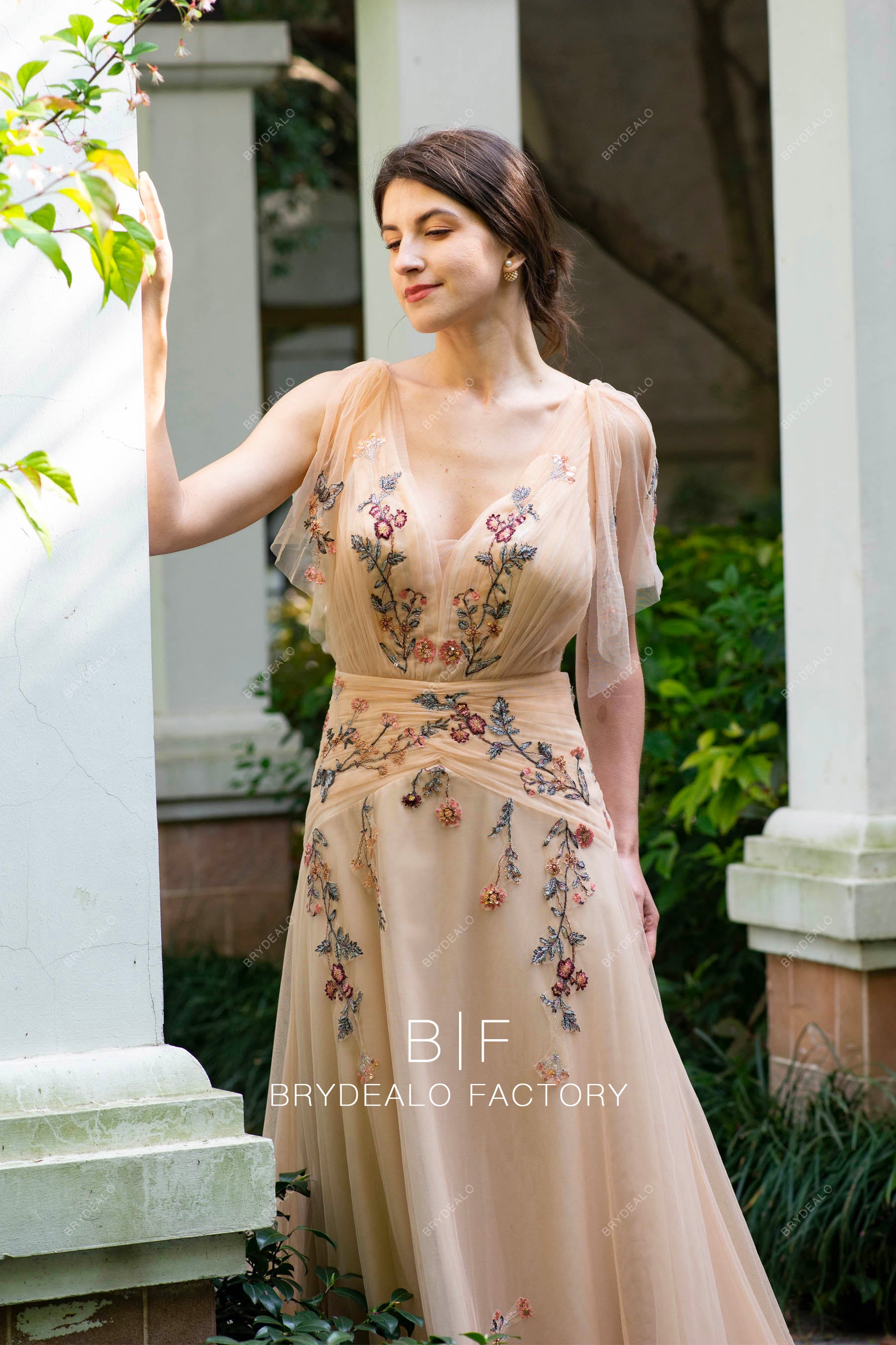 plunging shoulder panel wedding dress