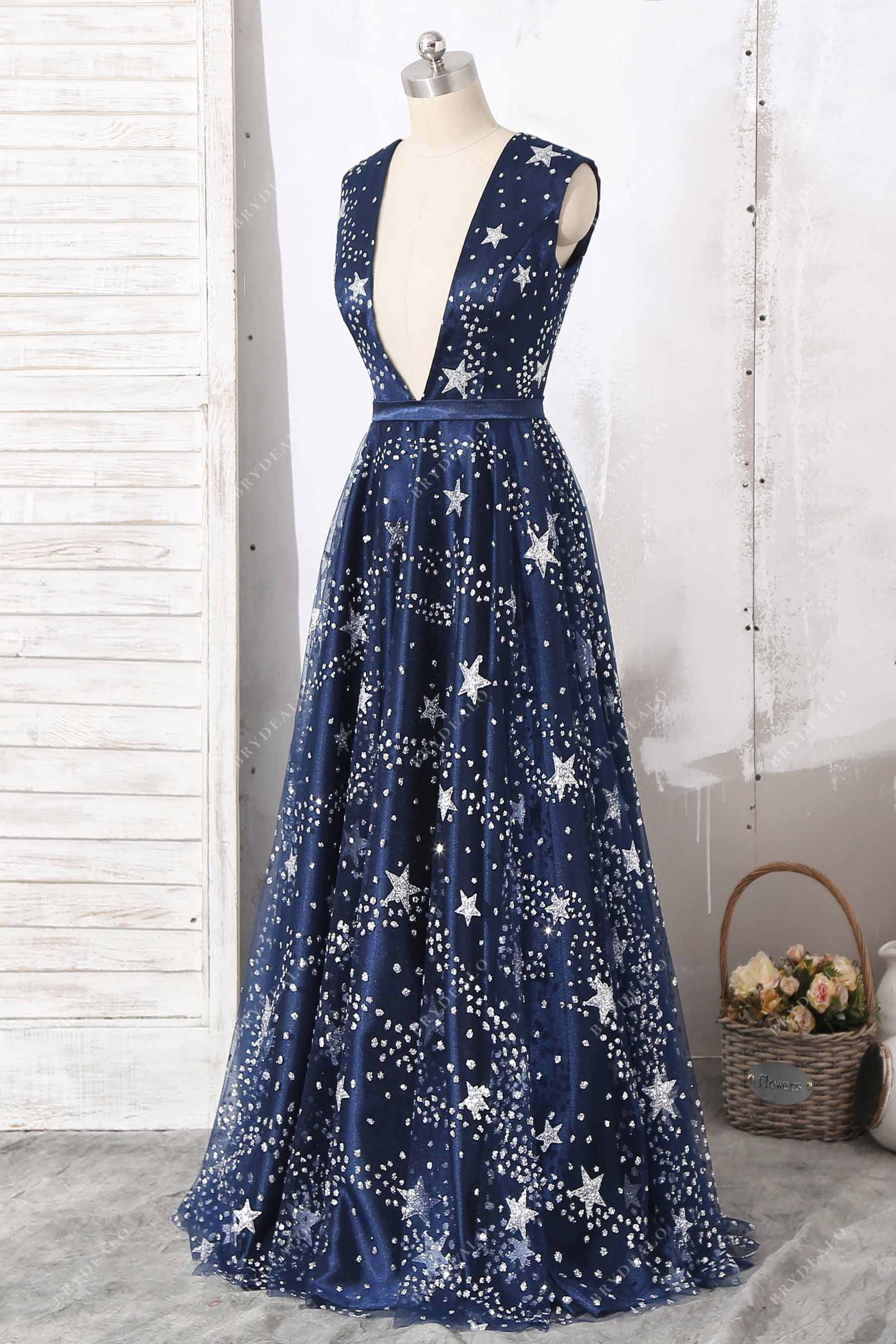 plunging V-neck glitter stars navy tulle formal gown