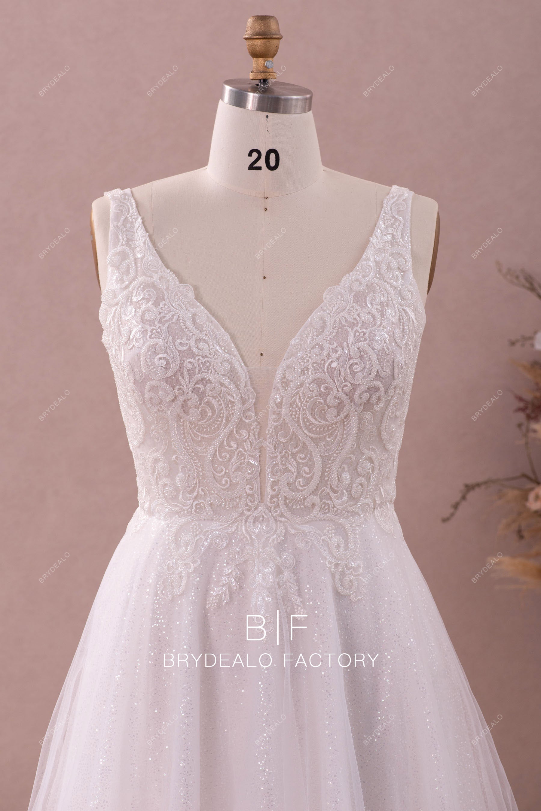 plus size beaded lace plunging wedding dress