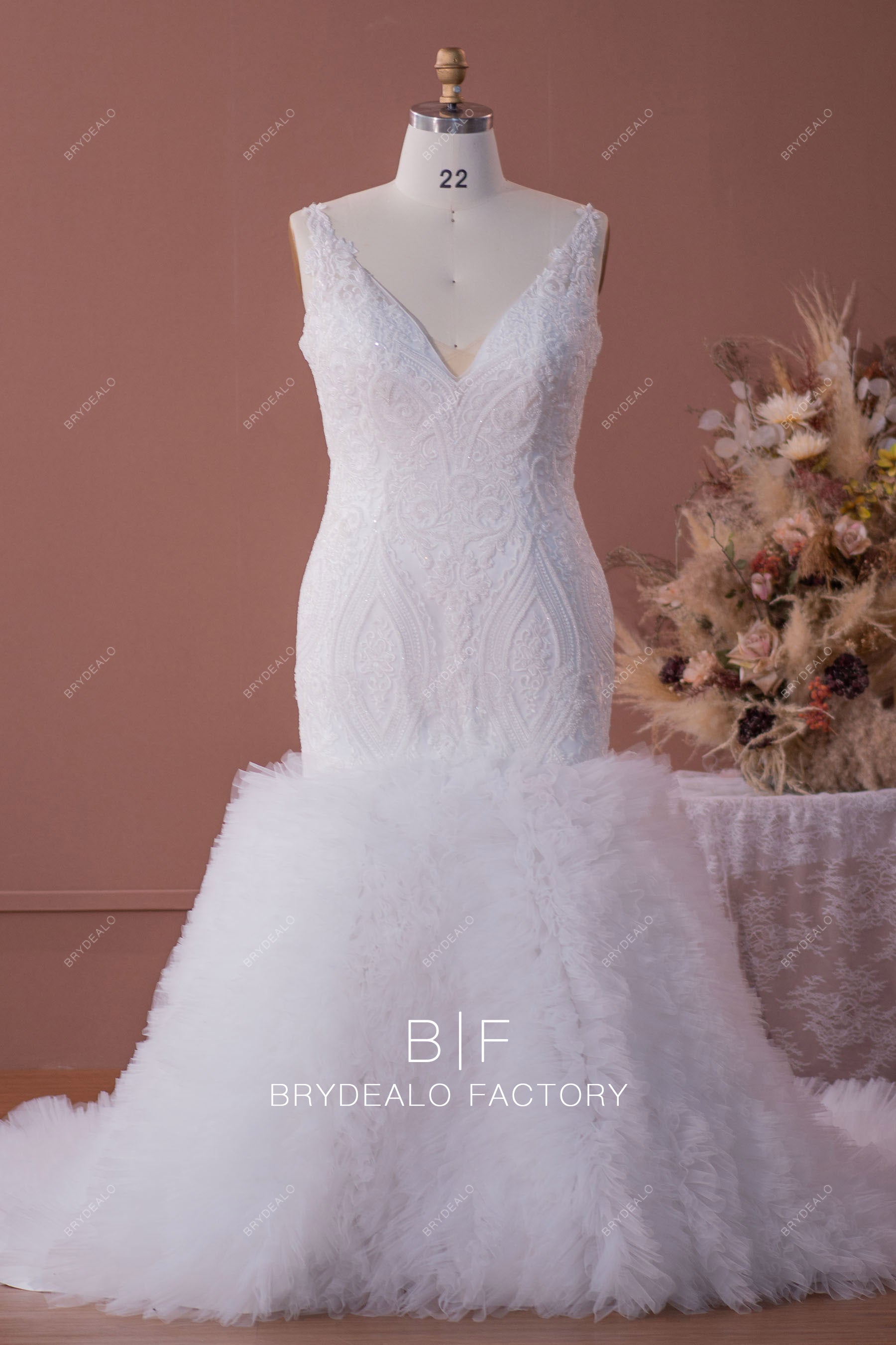 Plus Size Beaded Lace Ruffled Tulle Trumpet Wedding Gown Plus Size Beaded Lace Ruffled Tulle Trumpet Wedding Gown