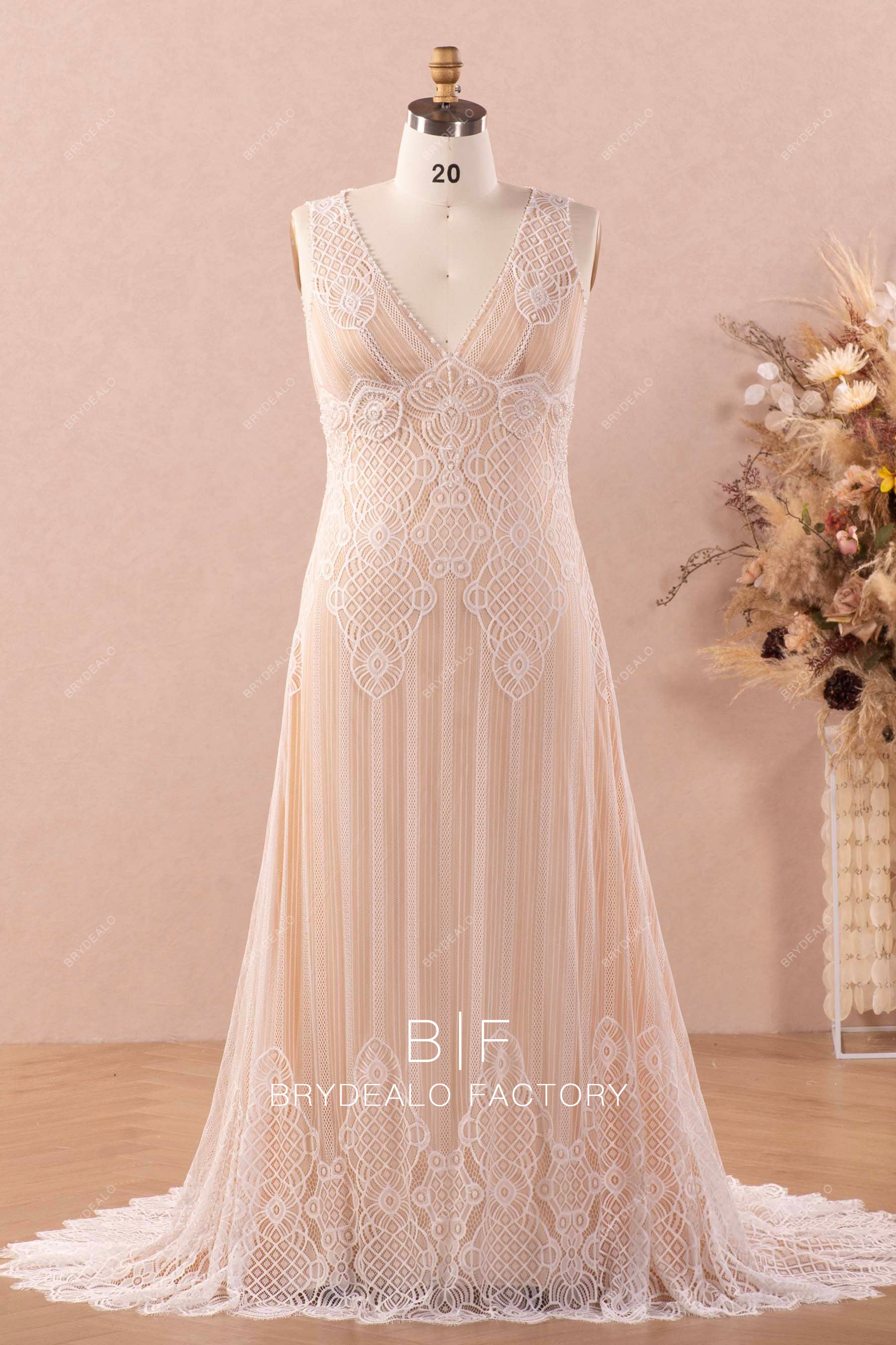 Plus Size Empire Plunging Lace Boho Wedding Dress Nude Beige Plus Size Empire Plunging Lace Boho Wedding Dress Nude Beige