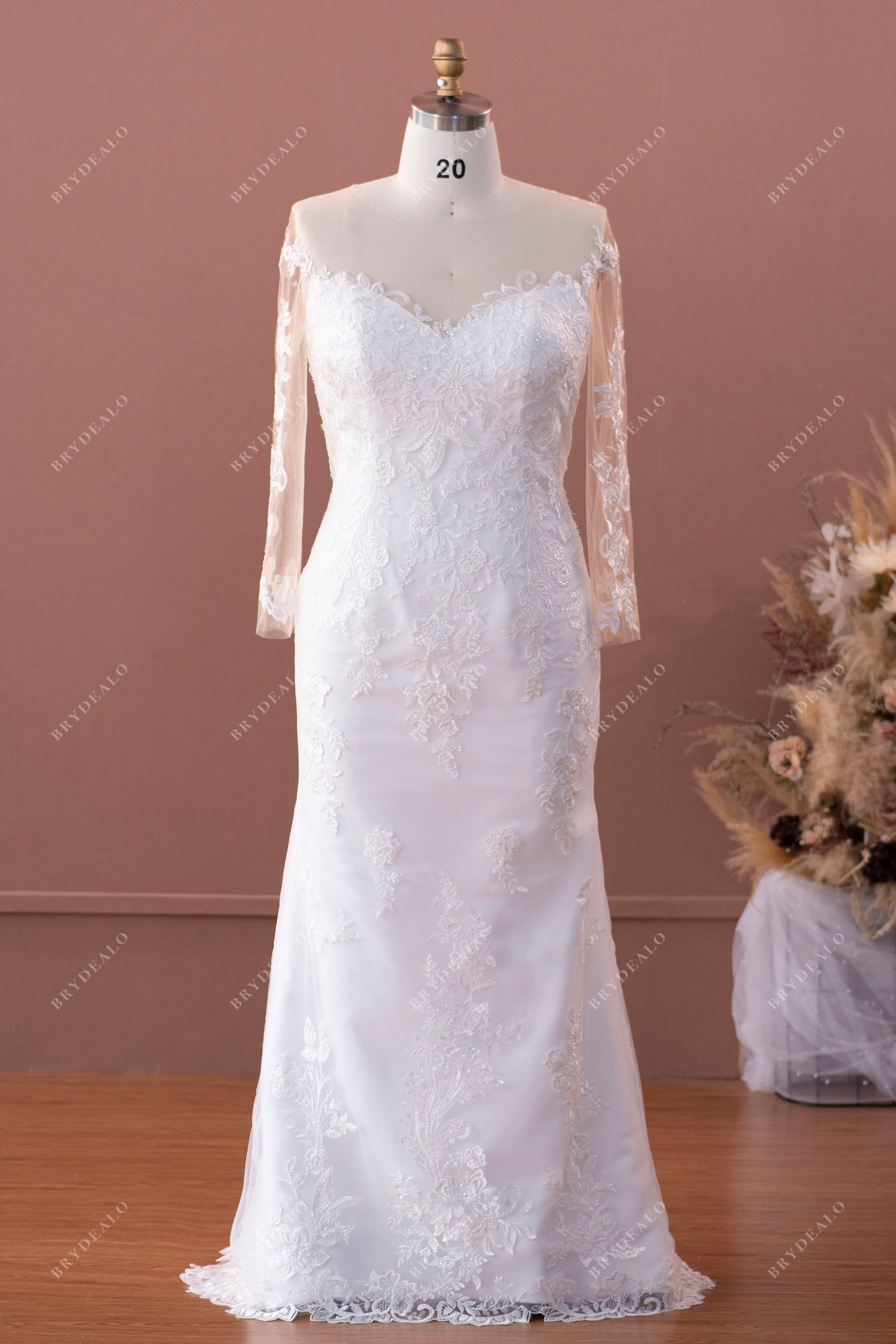 plus size lace illusion long sleeves mermaid wedding dress for wholesale