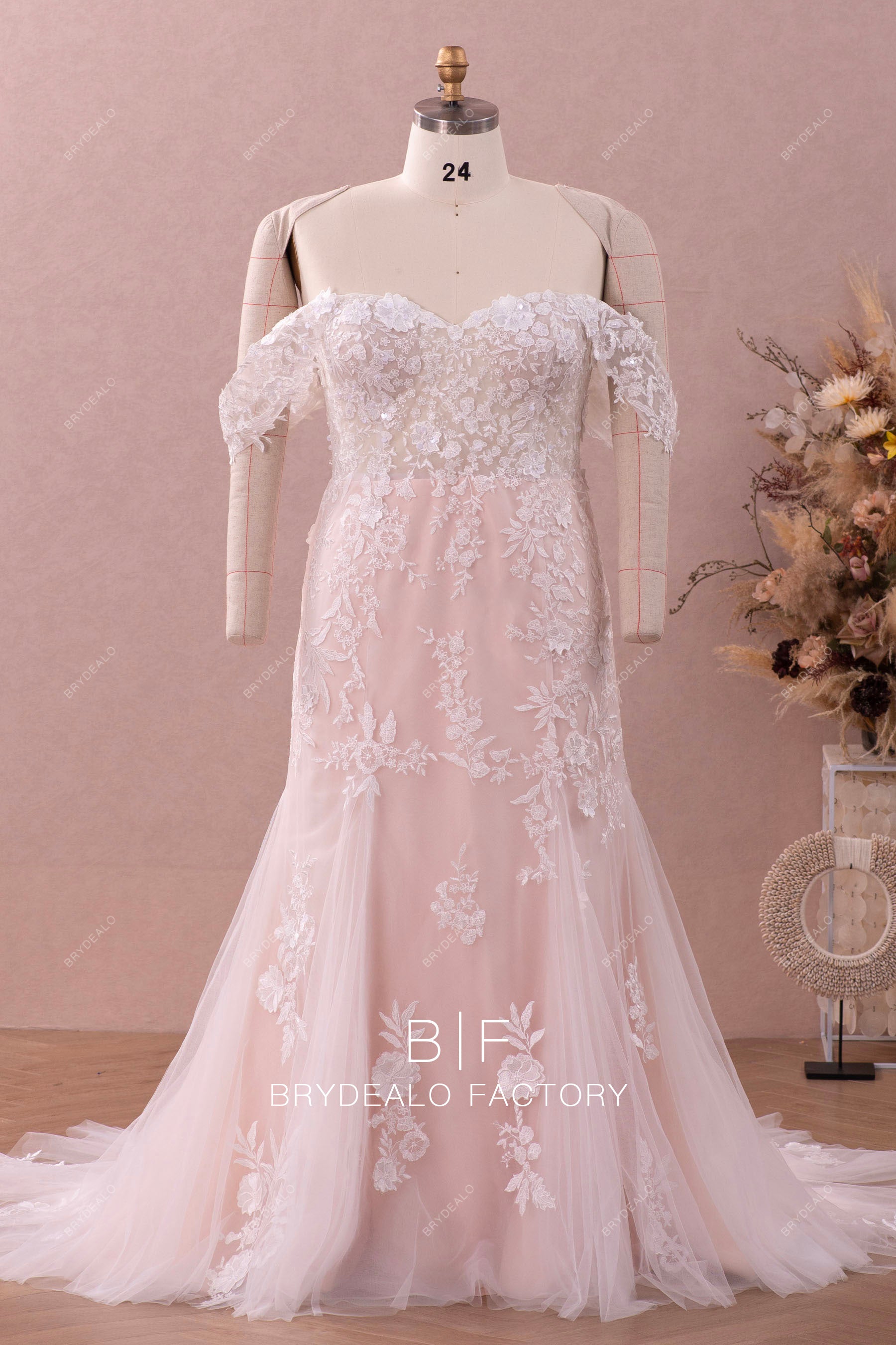 Wholesale Off Shoulder Lace Tulle Fit and Flare Wedding Dress Light Ivory Wholesale Off Shoulder Lace Tulle Fit and Flare Wedding Dress Light Ivory