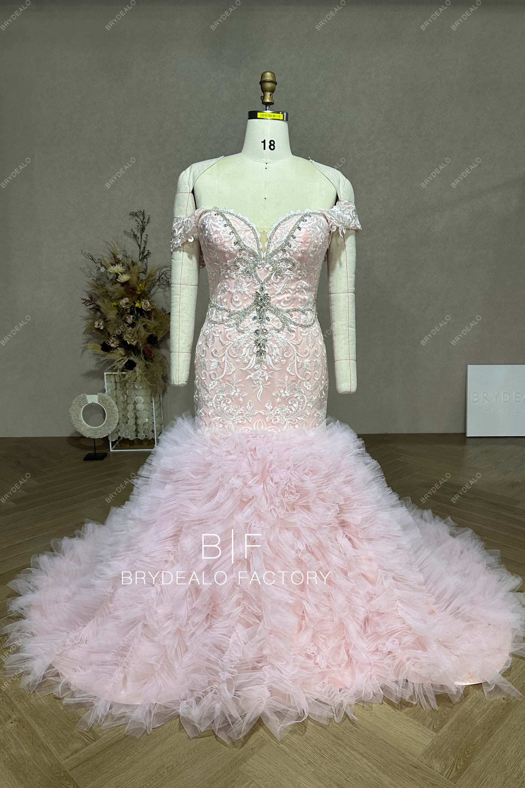 Custom Blushing Pink Off Shoulder Ruffled Trumpet Wedding Dress Blushing Pink Custom Blushing Pink Off Shoulder Ruffled Trumpet Wedding Dress Blushing Pink
