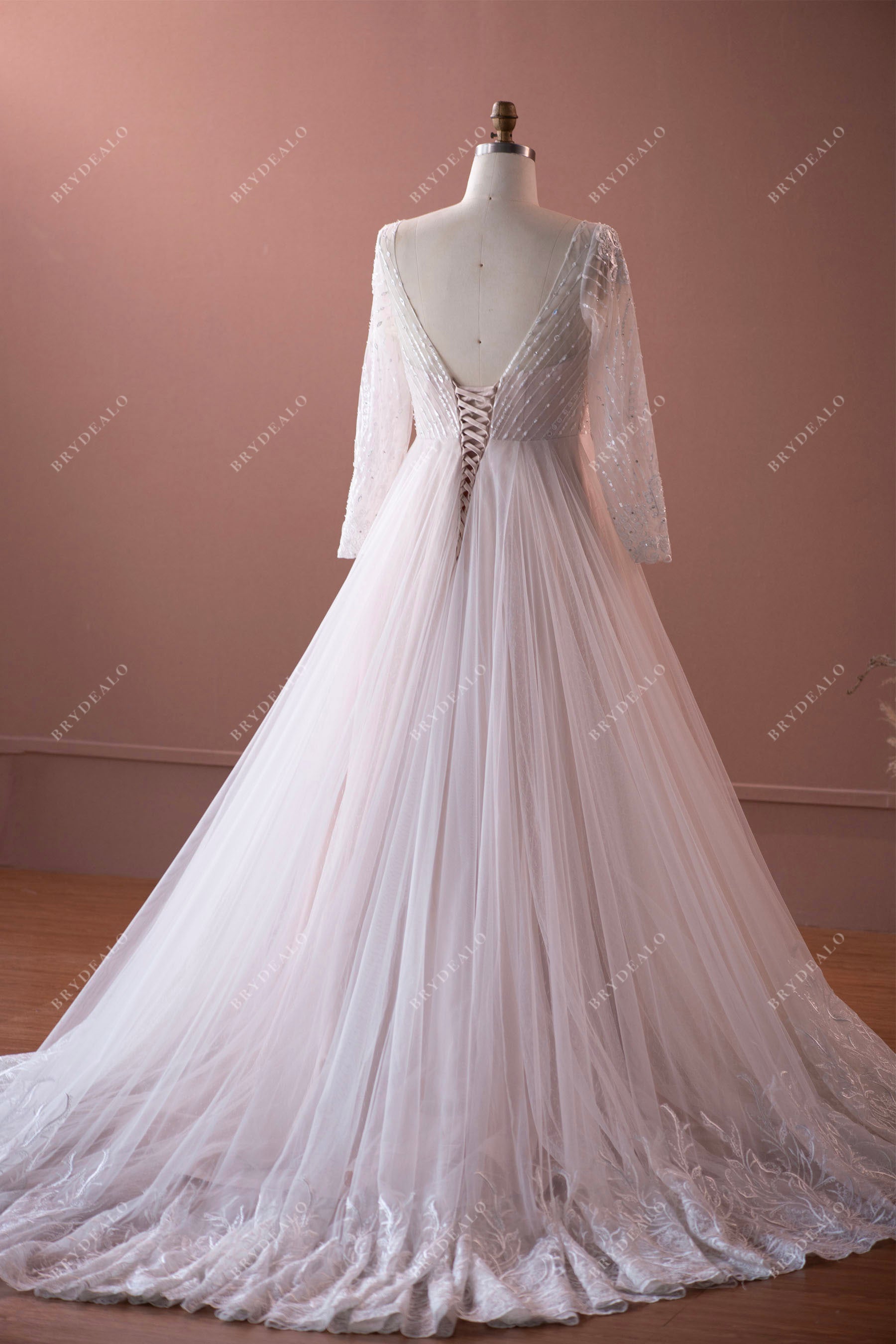 Plus Size Sleeved V-neck Long Lace Wedding Ballgown