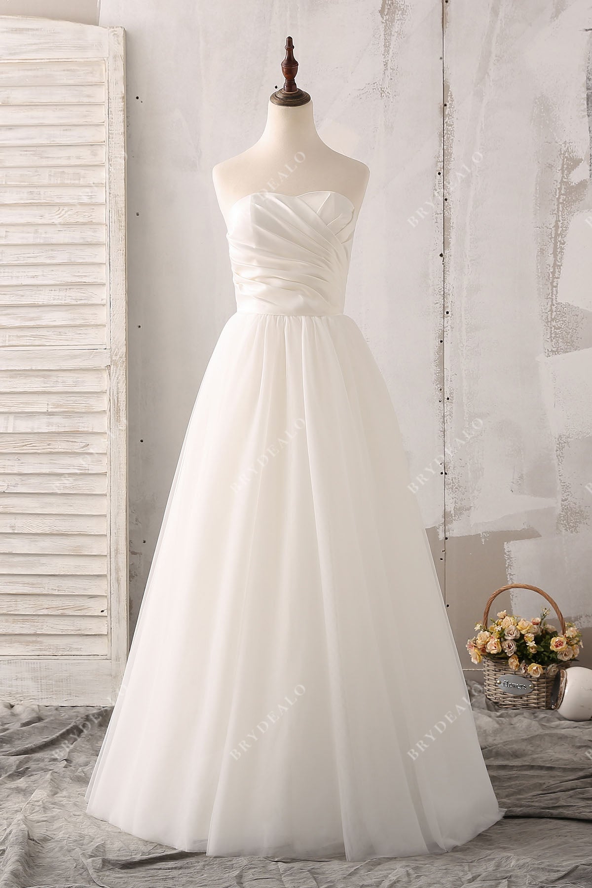 princess ruched strapless sweetheart satin floor length bridal dress
