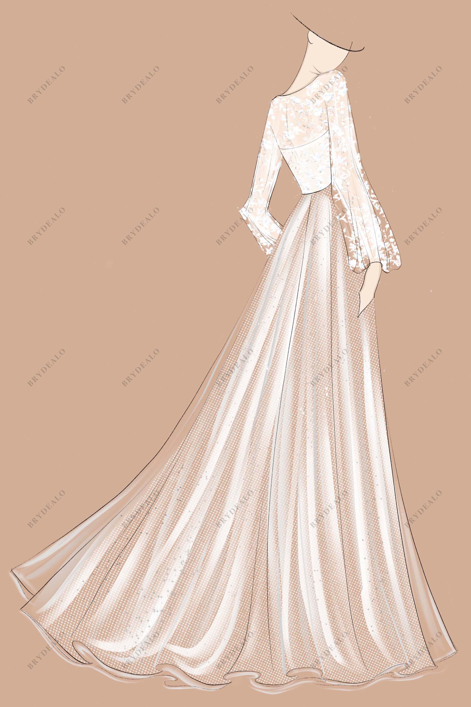 Lace Puffy Sleeves A-line Bridal Dress Sketch