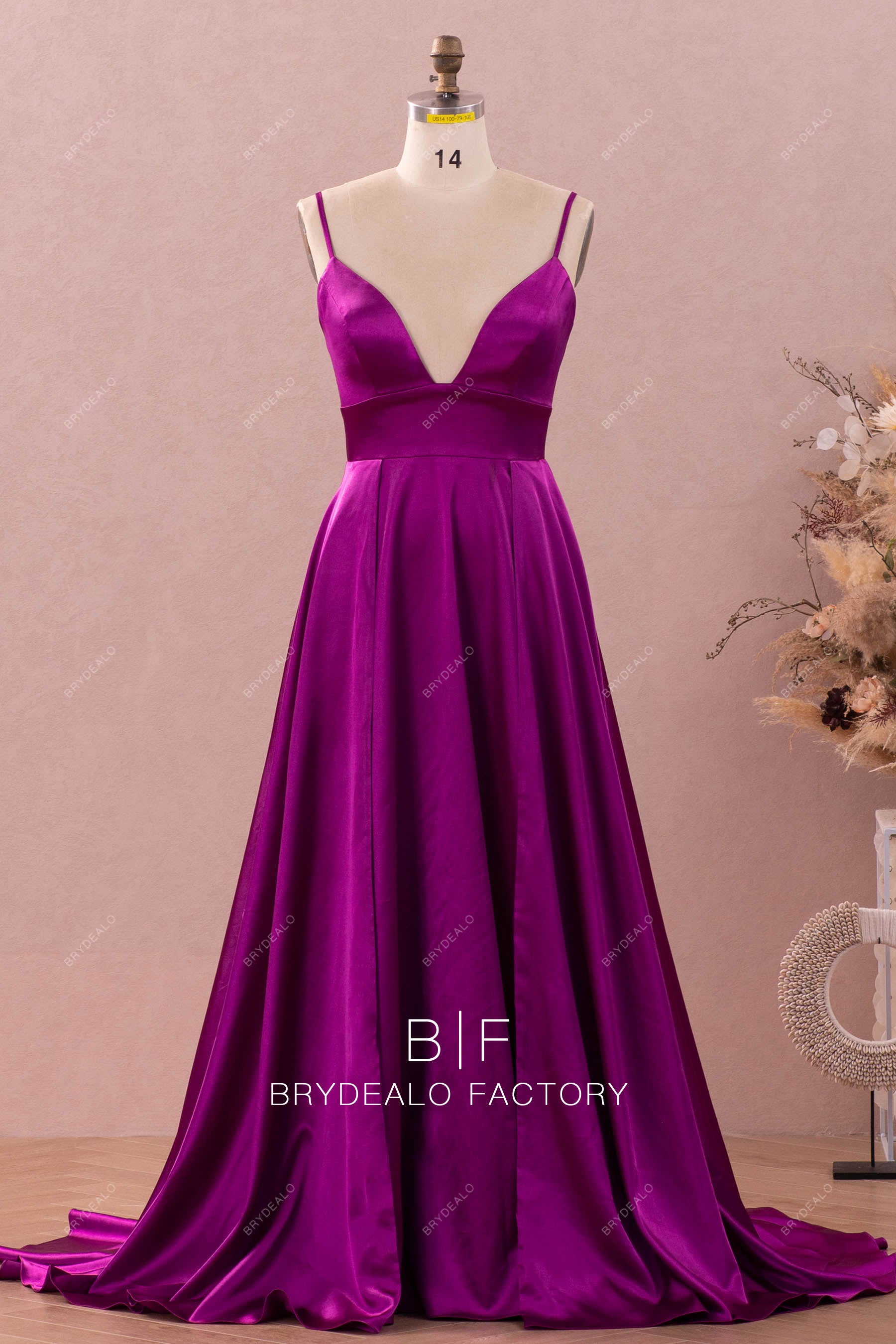 Raspberry Silky Satin Thin Straps Prom Dress with Slits Raspberry Silky Satin Thin Straps Prom Dress with Slits