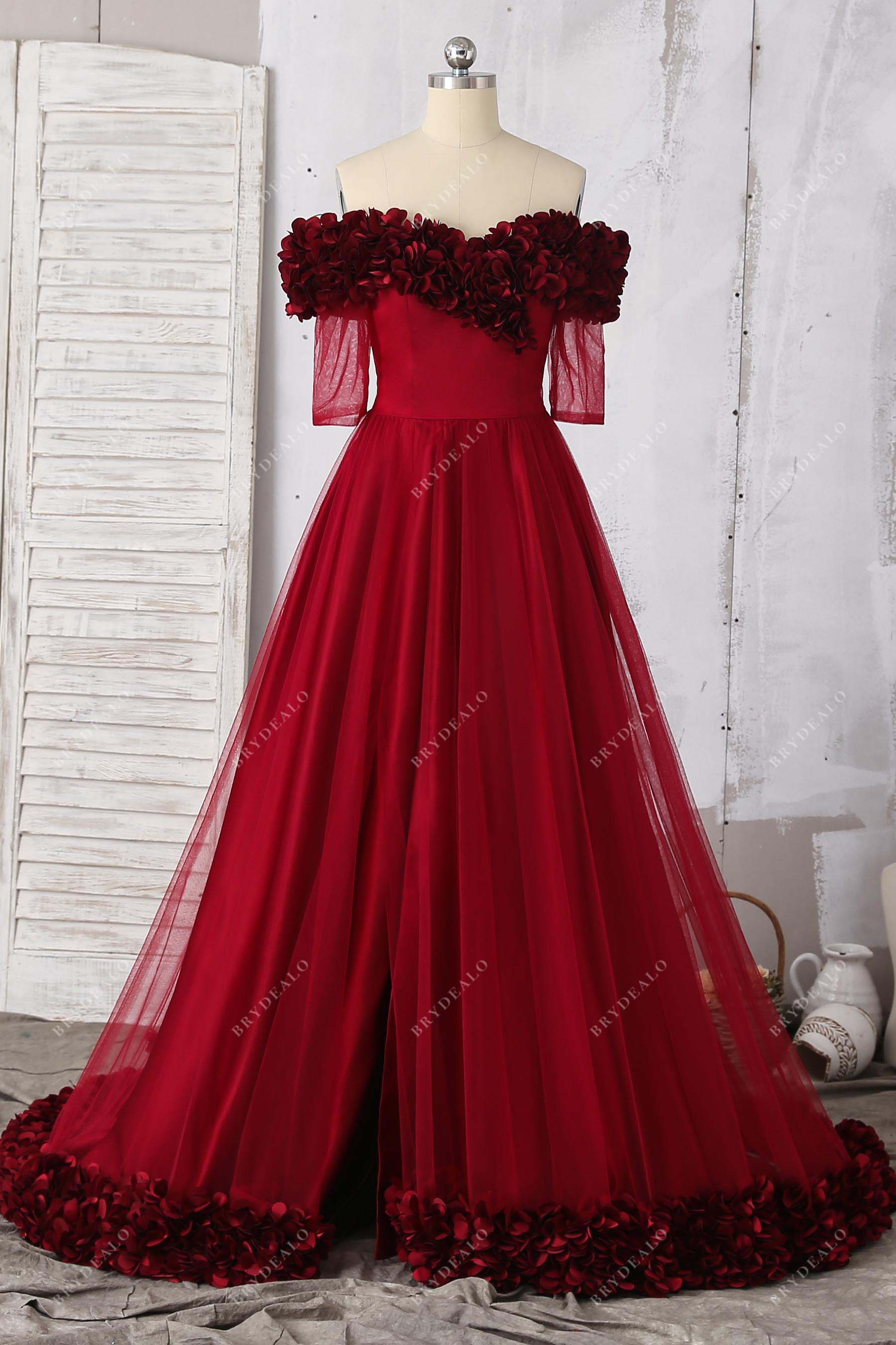 Burgundy Off-shoulder Floral Slit Formal Dress Burgundy Off-shoulder Floral Slit Formal Dress