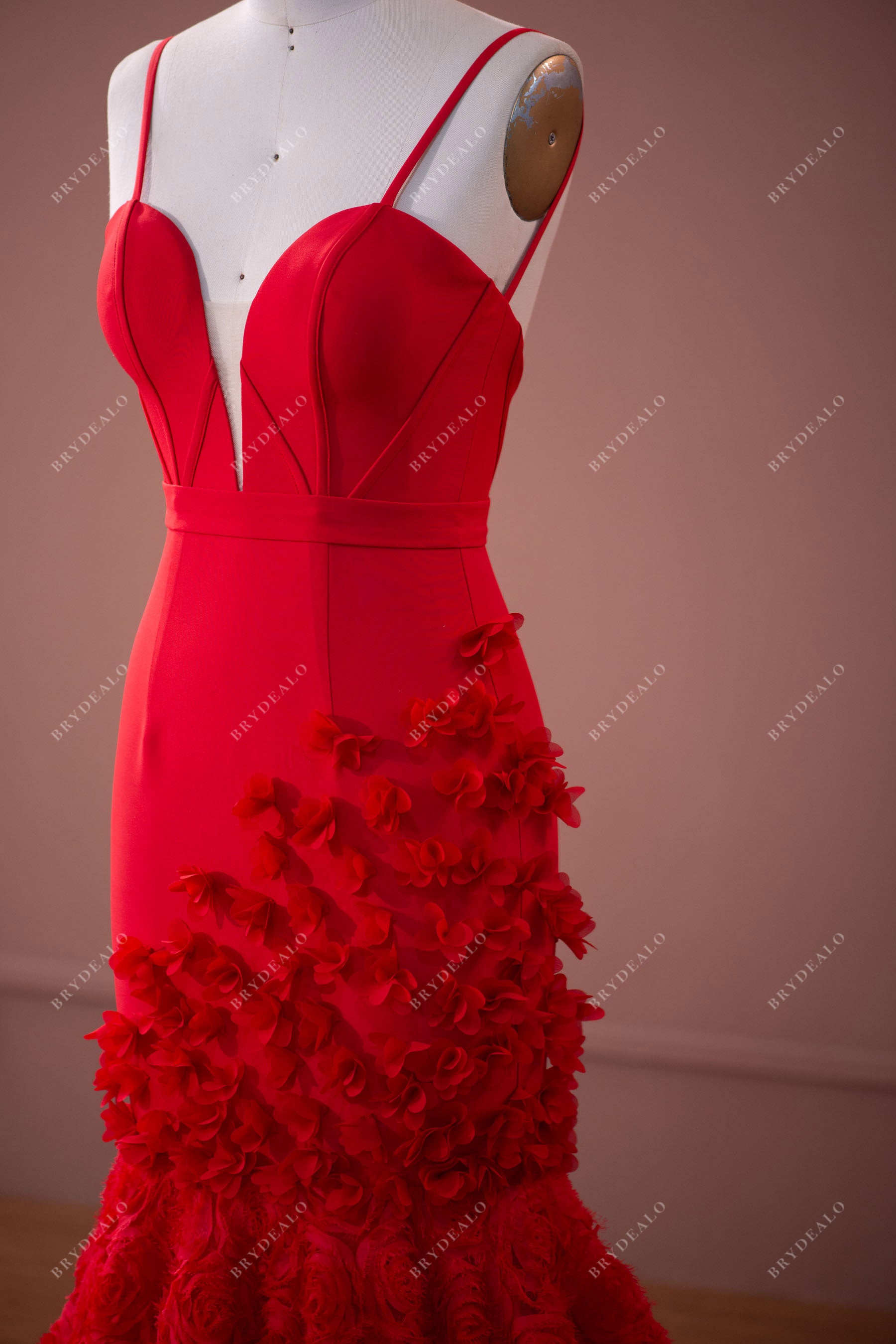 Red Crepe 3D Rose Straps Mermaid Long Prom Dress