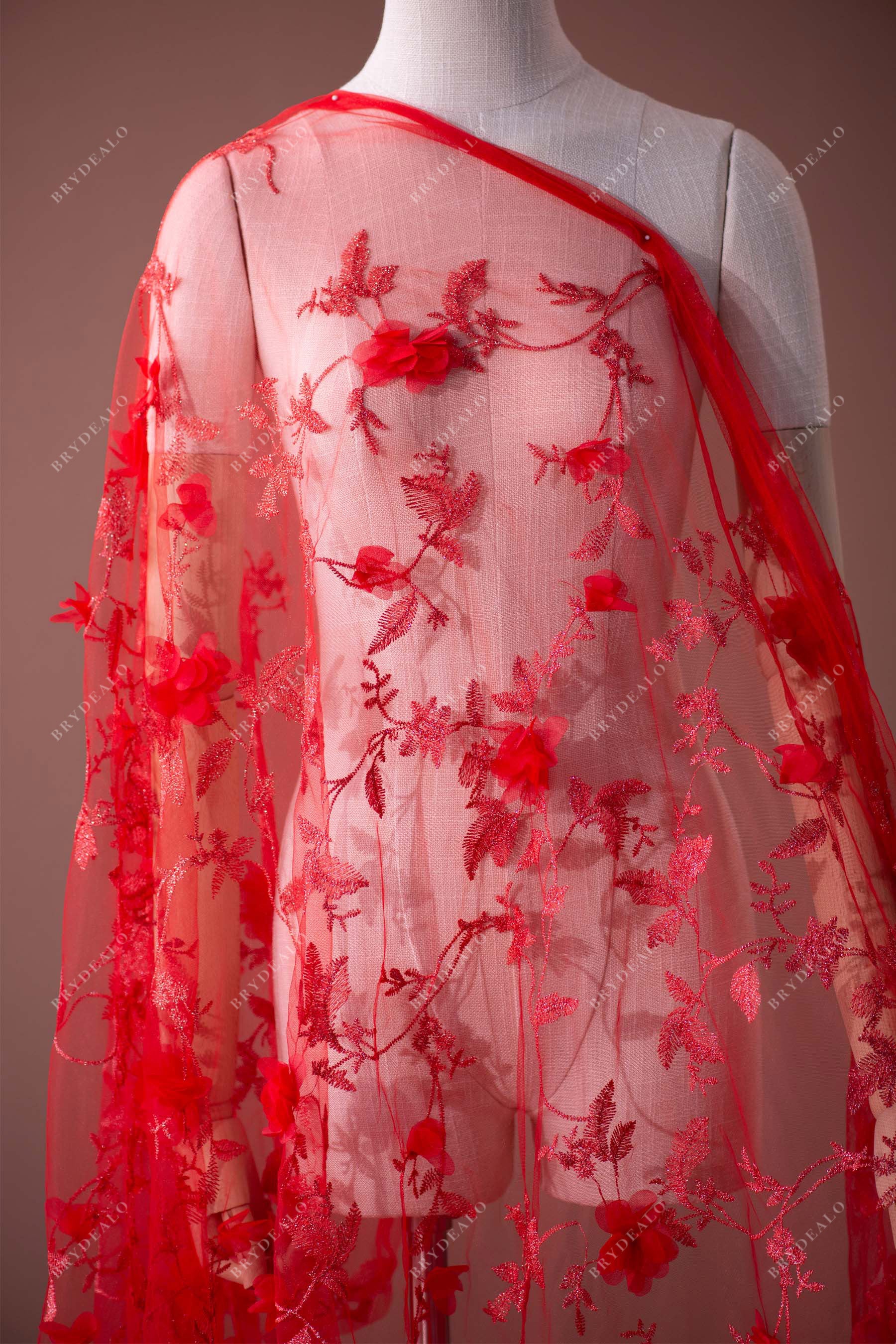 red 3D flower lace fabric