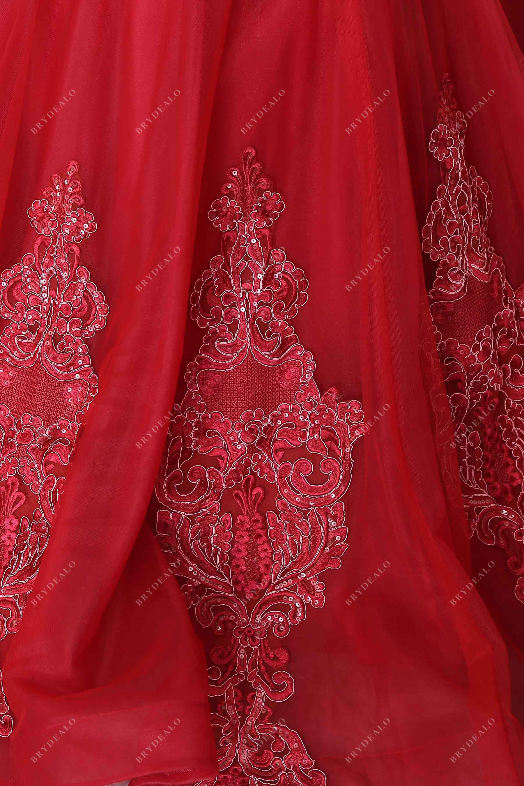 red beaded lace prom gown
