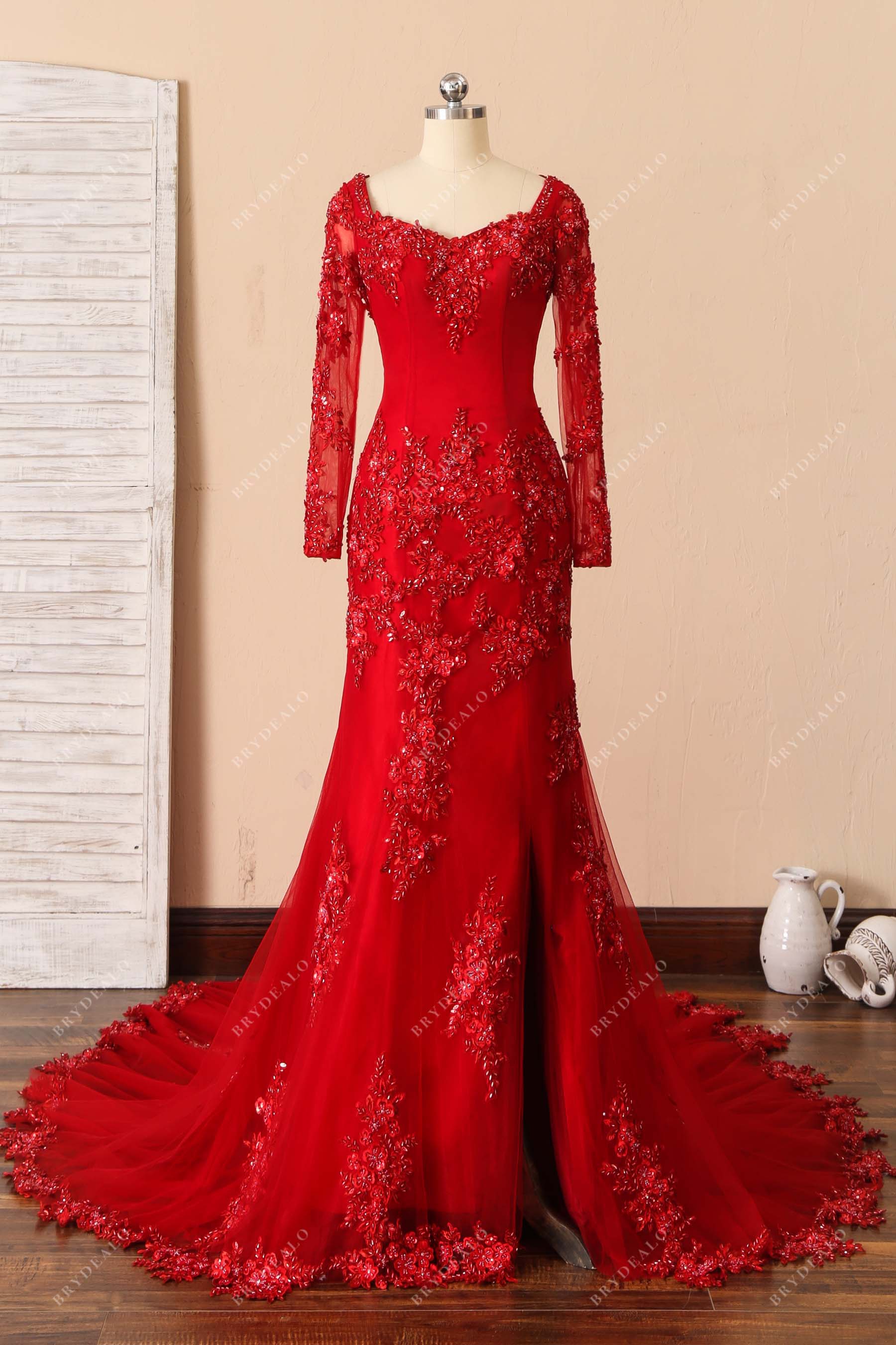 Red Beaded Lace Long Sleeve Mermaid Prom Dress Red Beaded Lace Long Sleeve Mermaid Prom Dress