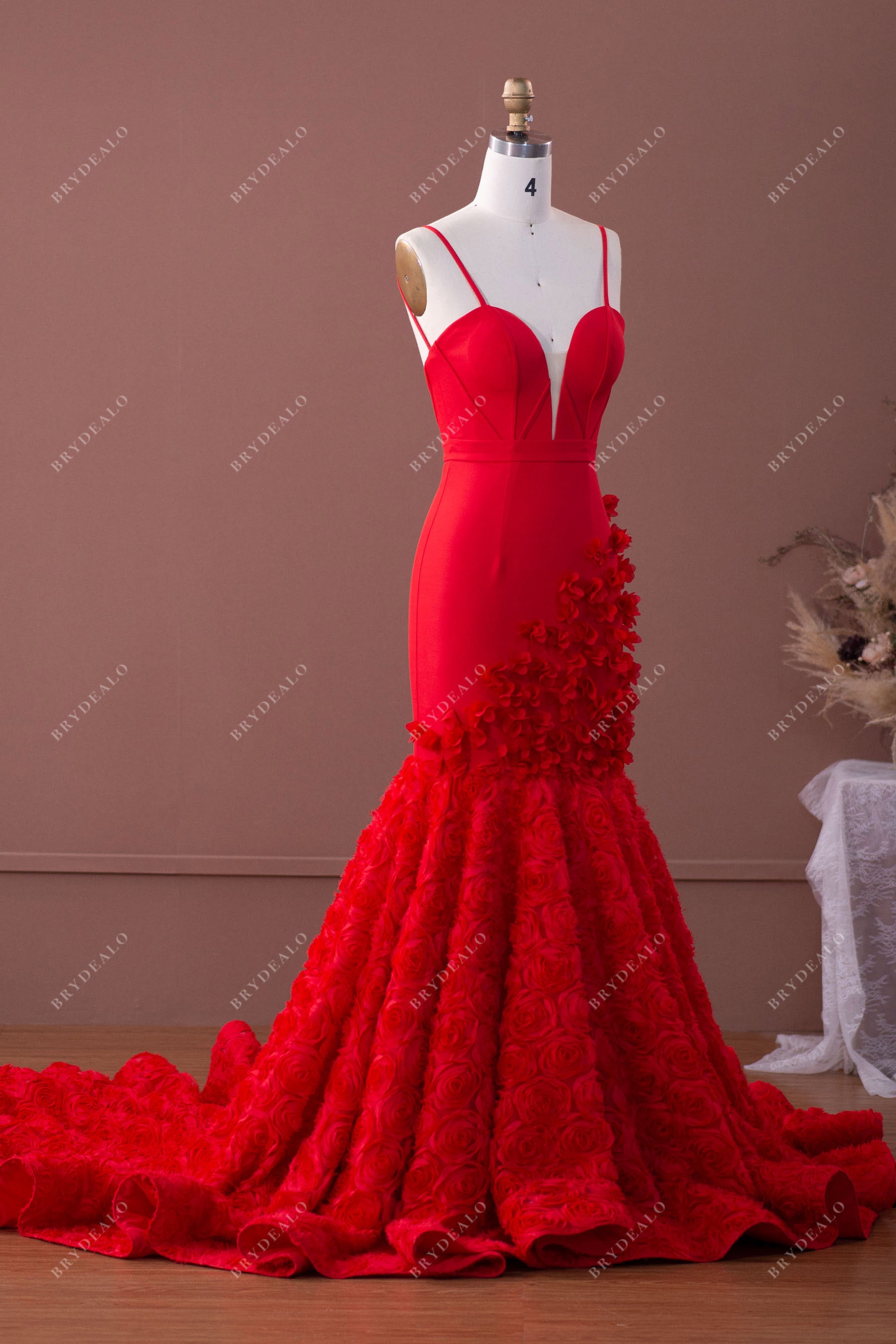Red Crepe 3D Rose Plunging Mermaid Prom Dress