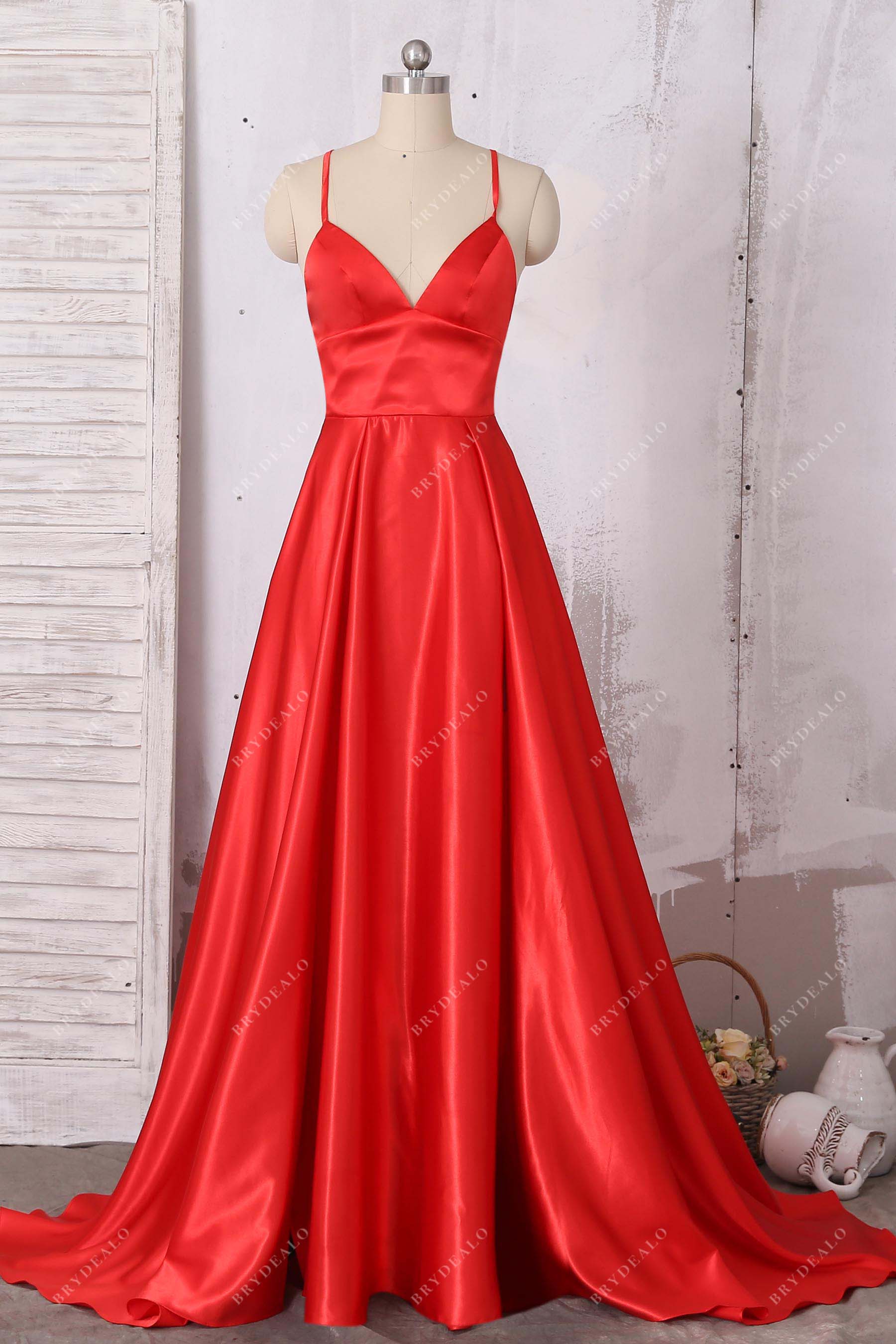 Red Satin Spaghetti Straps Long Bridesmaid Dress