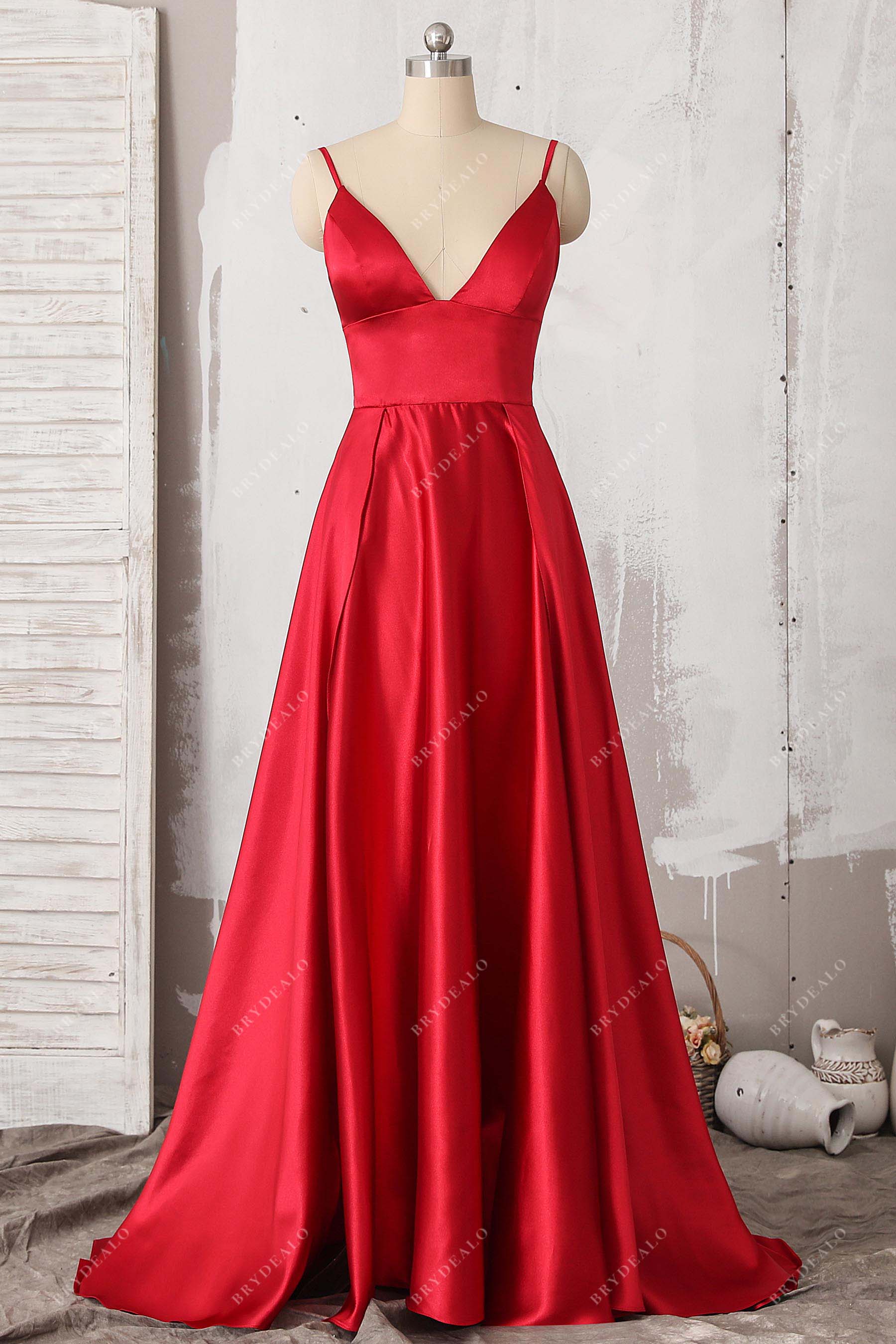 Elegant Red Satin Thin Straps Bridesmaid Dress with Slit