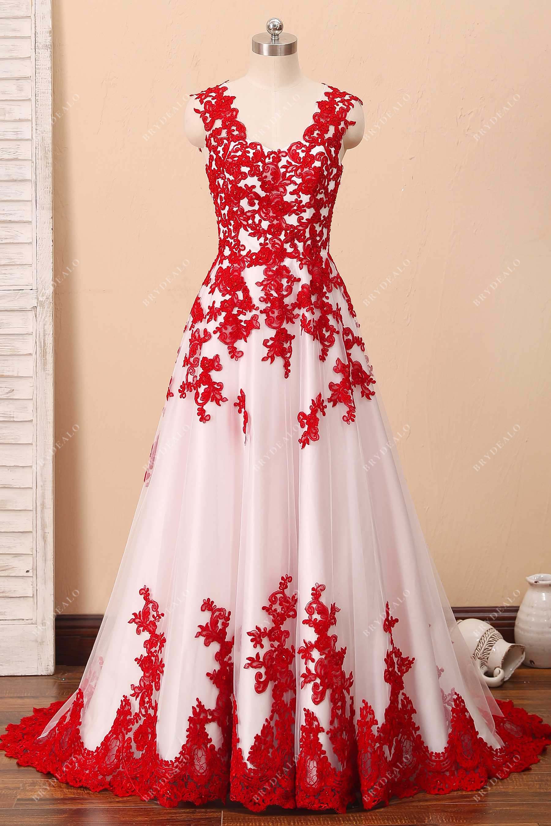 red lace overlaid ivory tulle prom bridal dress