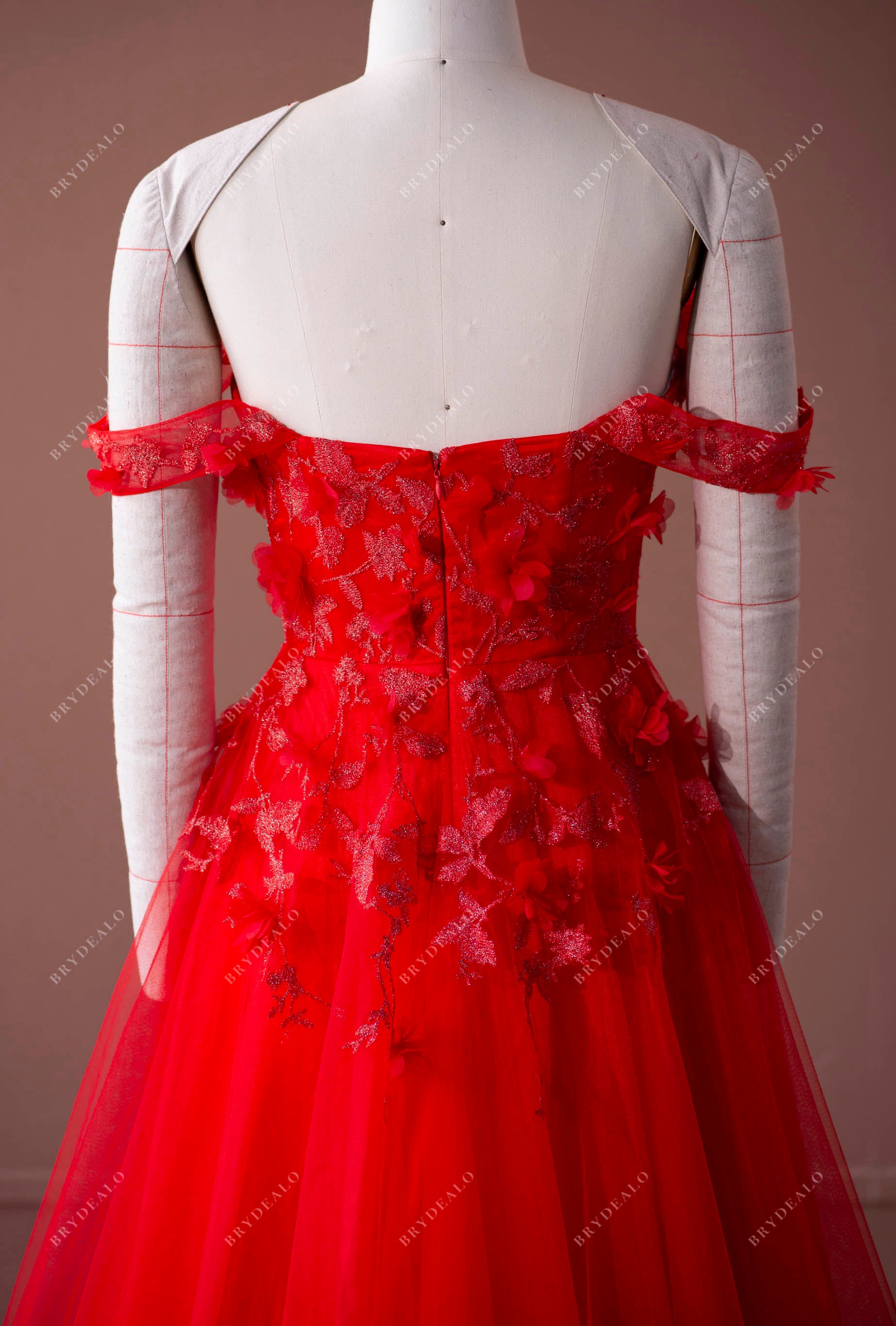 red lace tulle A-line formal gown