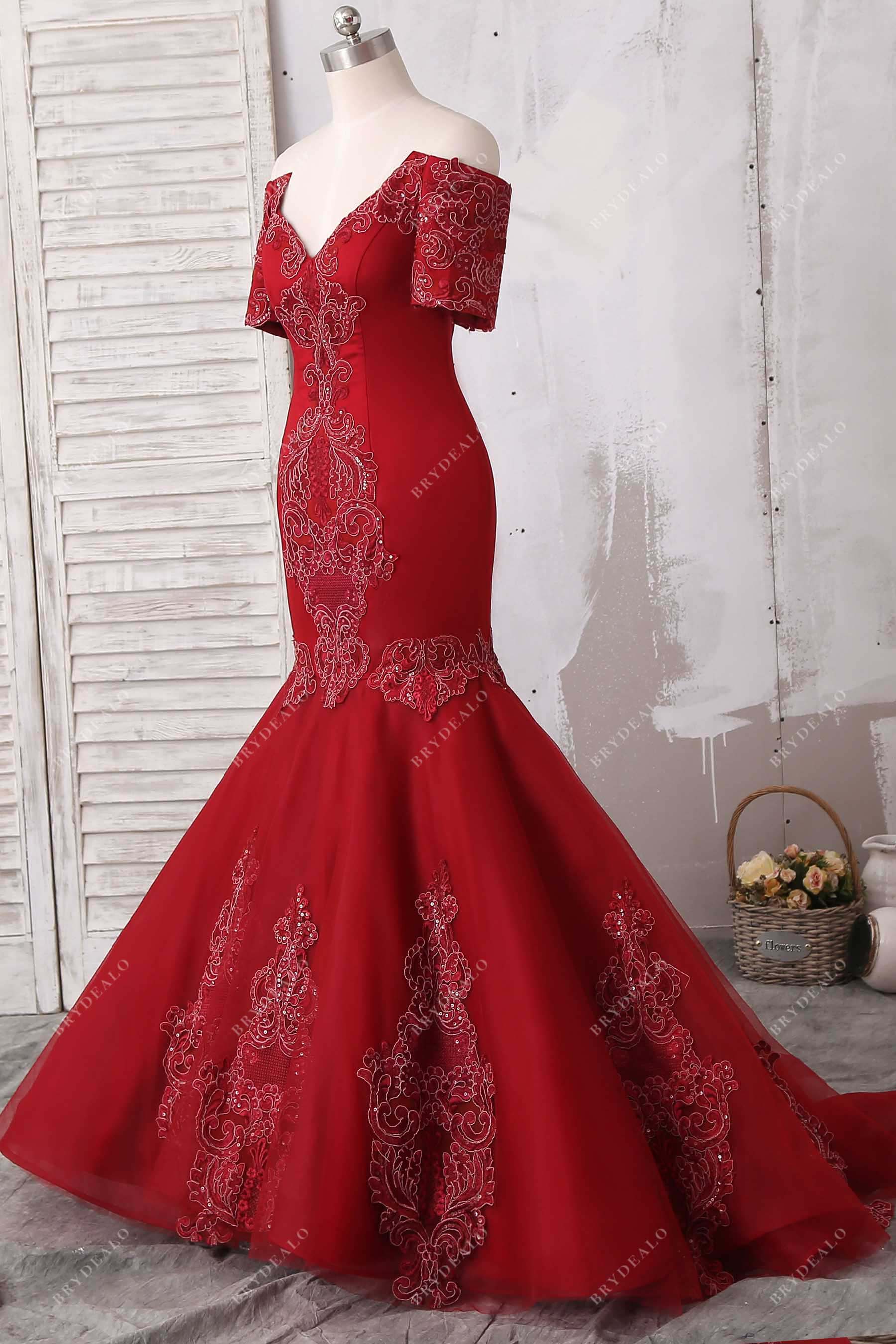 red off-shoulder lace short sleeves trumpet prom gown