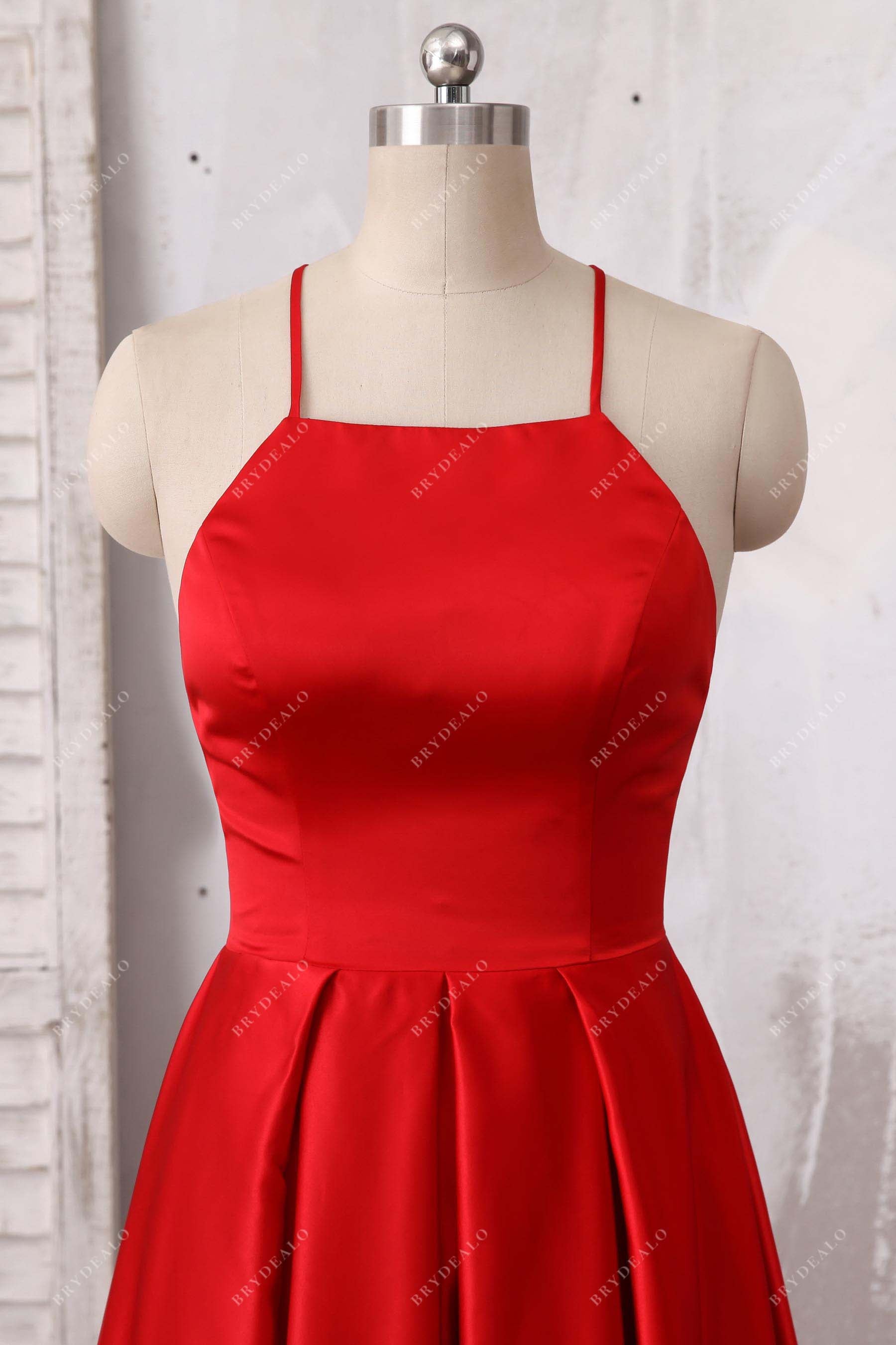 red satin halter neck prom dress