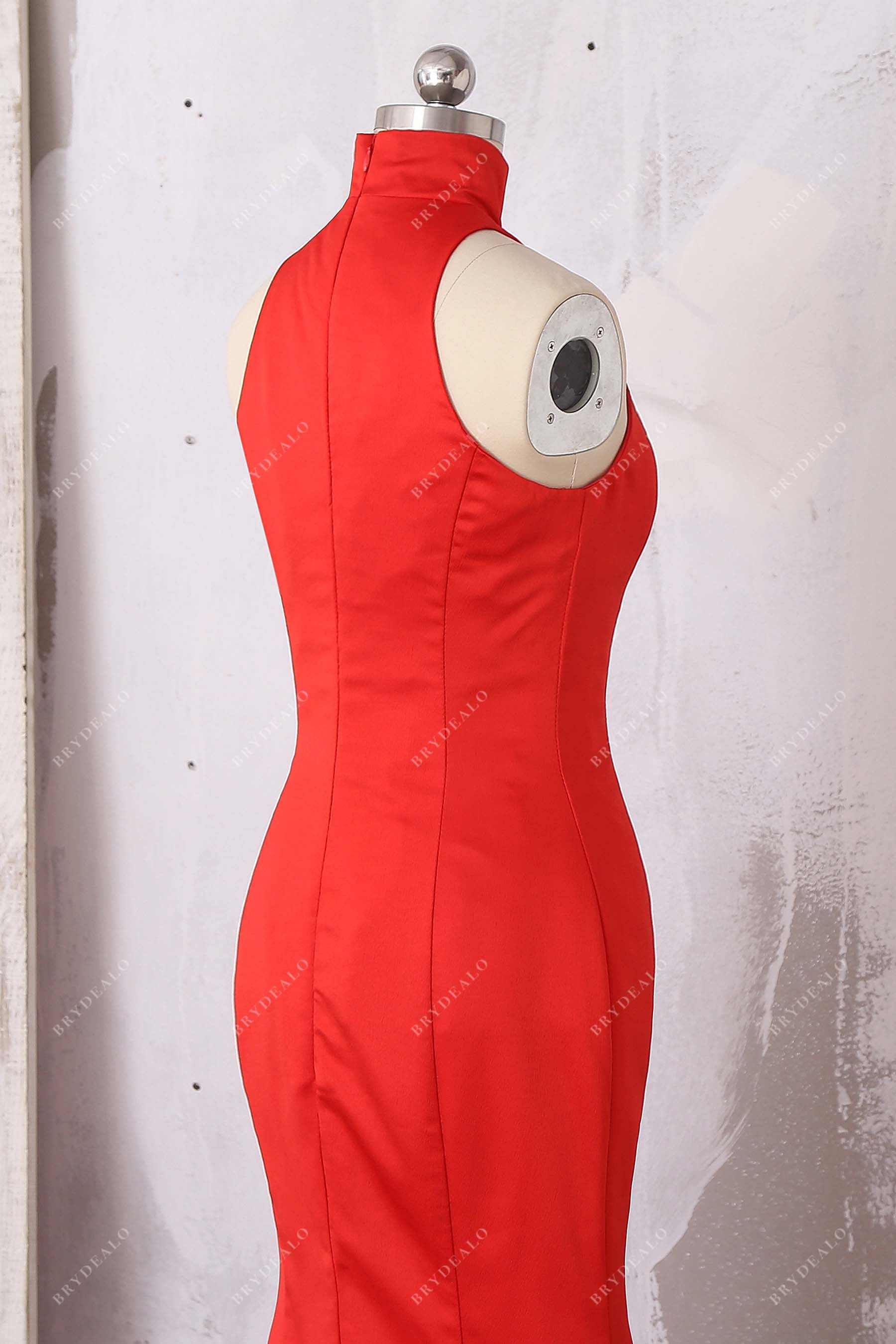 red satin high neck prom dress