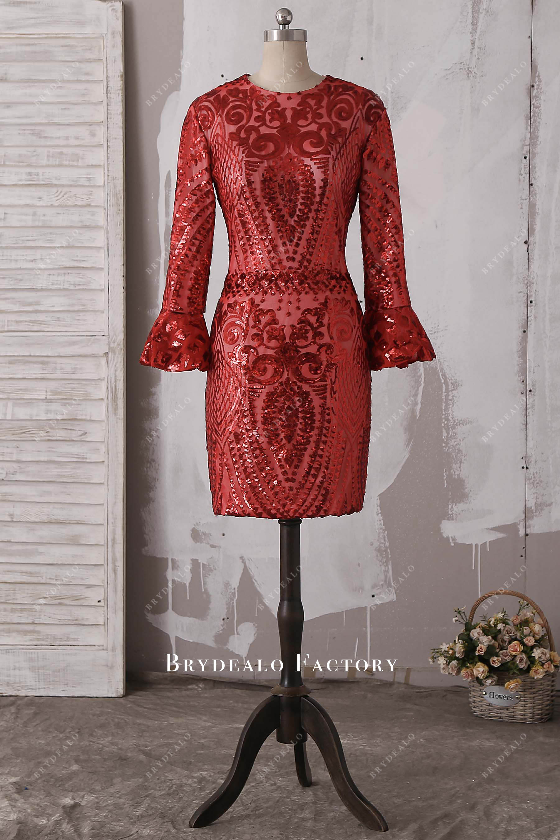 red sequin bell sleeves prom dress