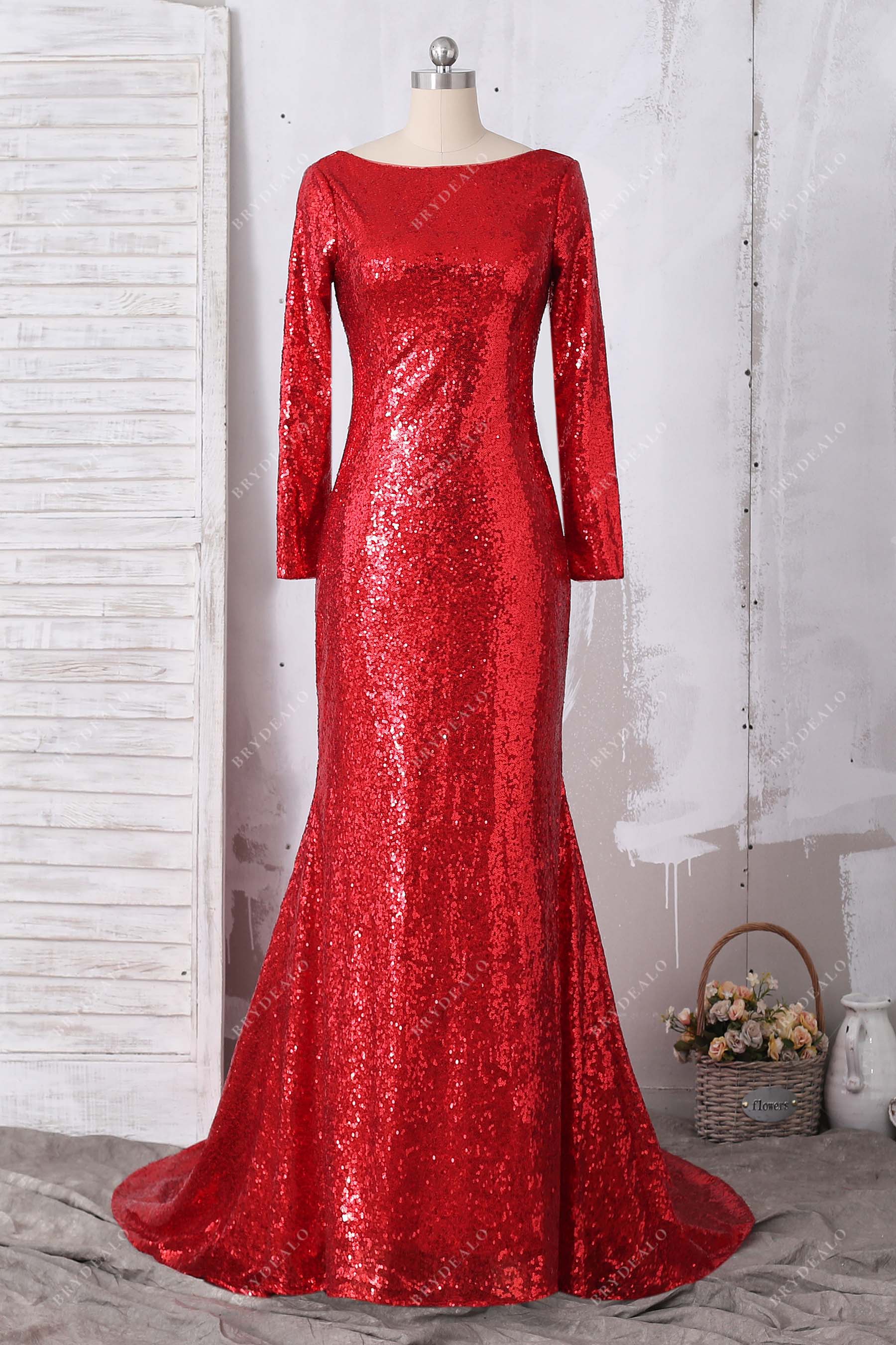 Sparkly Red Sequin Long Sleeve Boat Neck Prom Gown Sparkly Red Sequin Long Sleeve Boat Neck Prom Gown