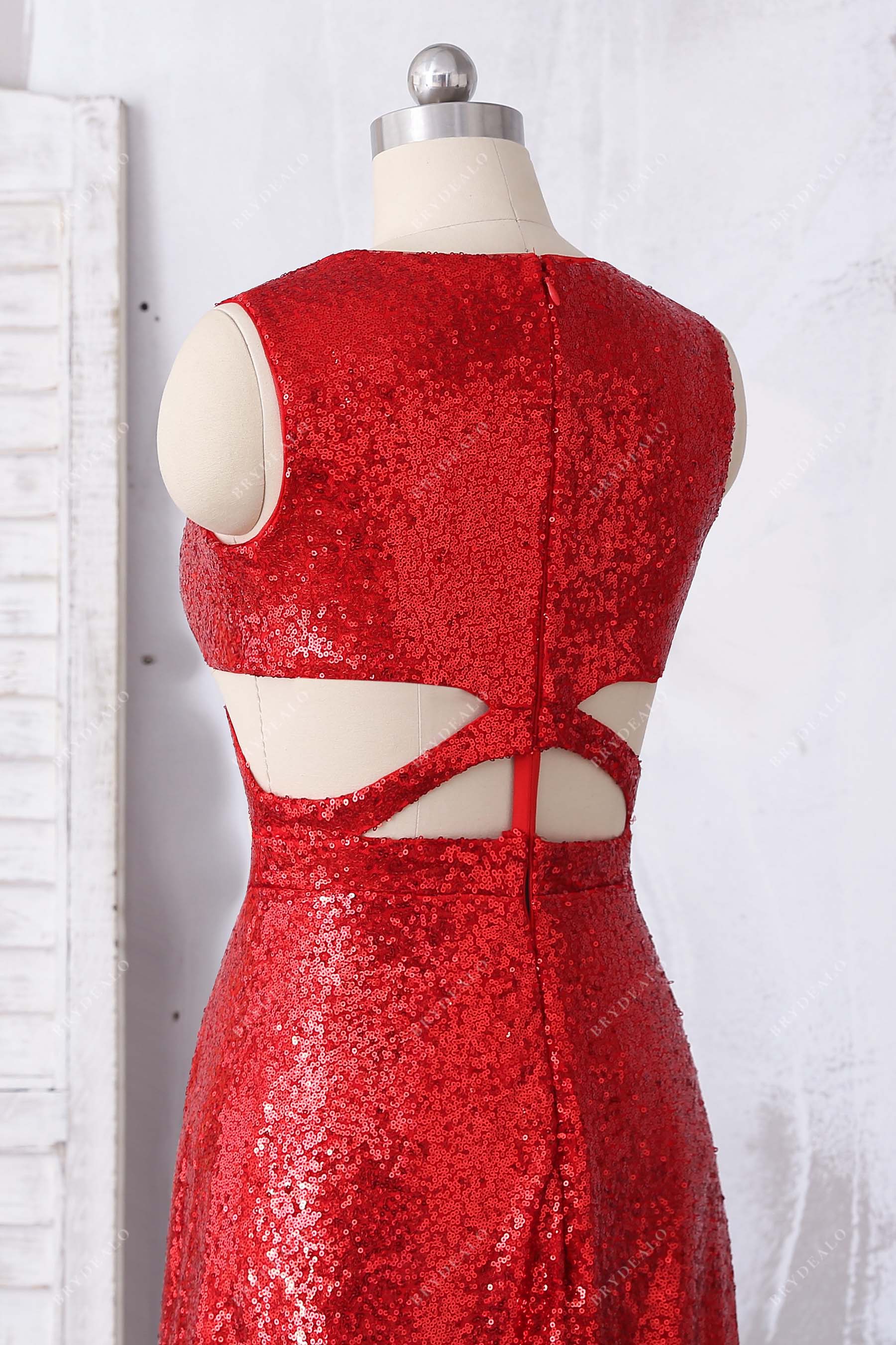 red sequin sleeveless prom gown