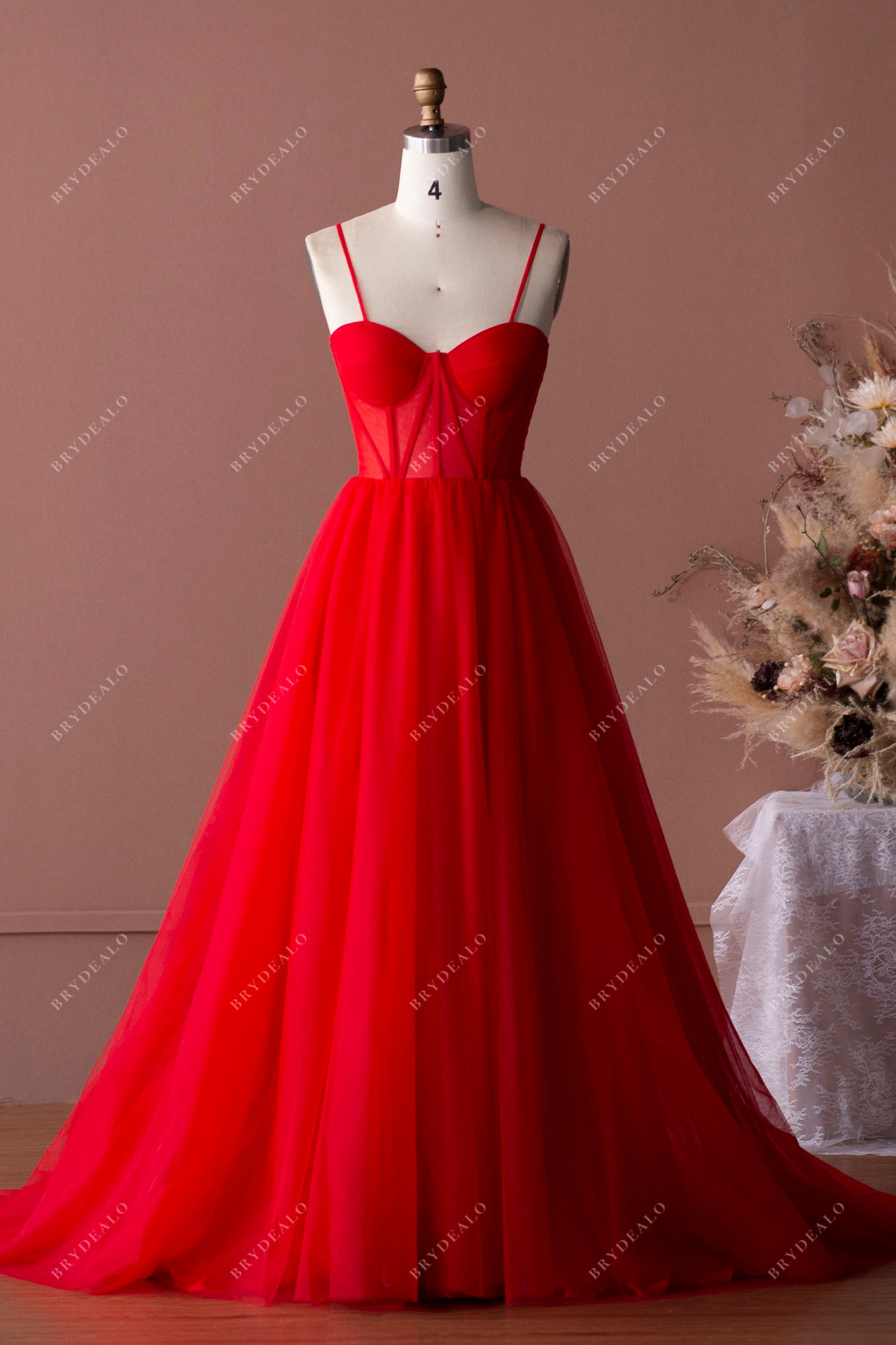 Red Straps Illusion Corset Tulle A-line Formal Dress Red Straps Illusion Corset Tulle A-line Formal Dress