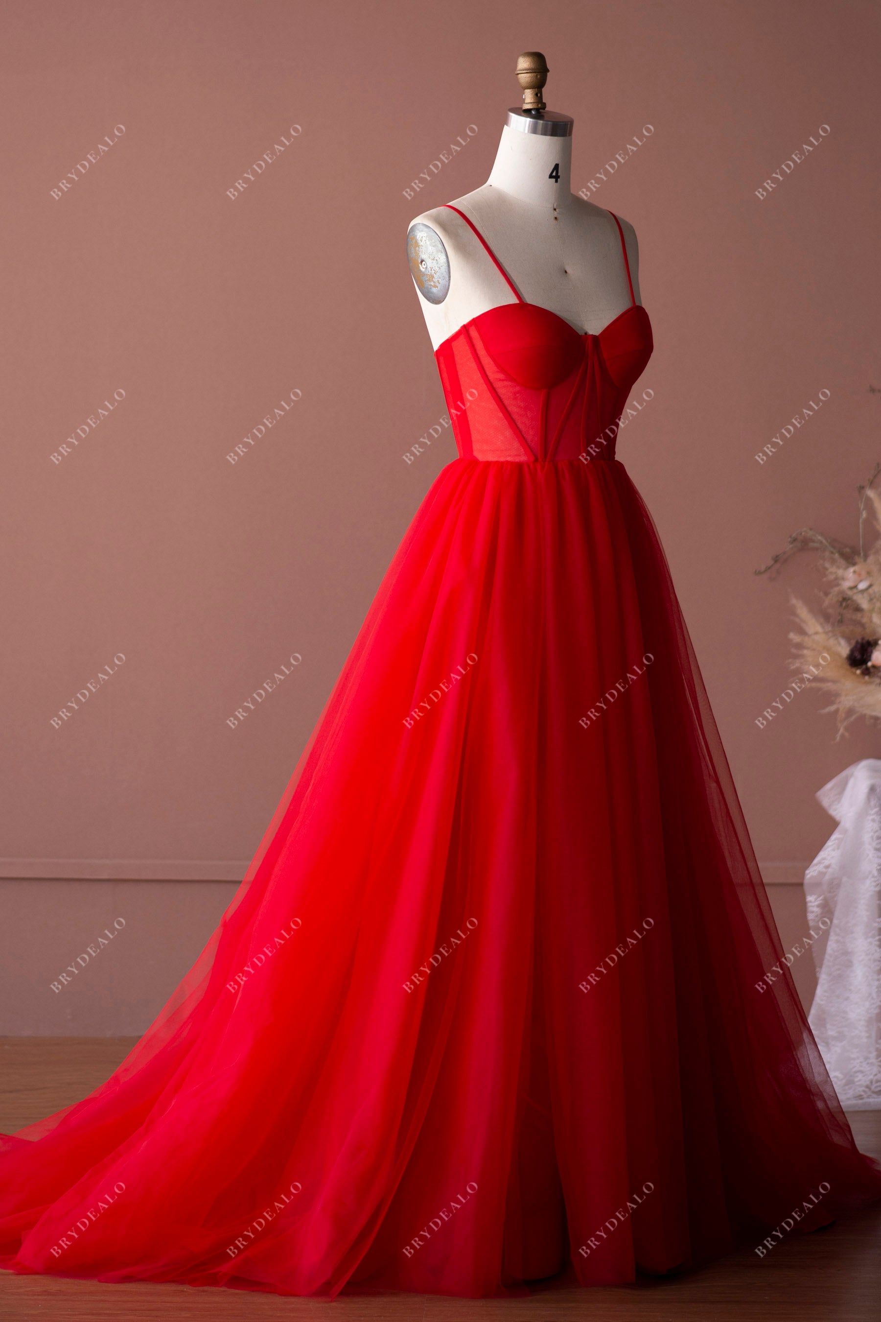 red straps sweetheart corset tulle A-line formal dress