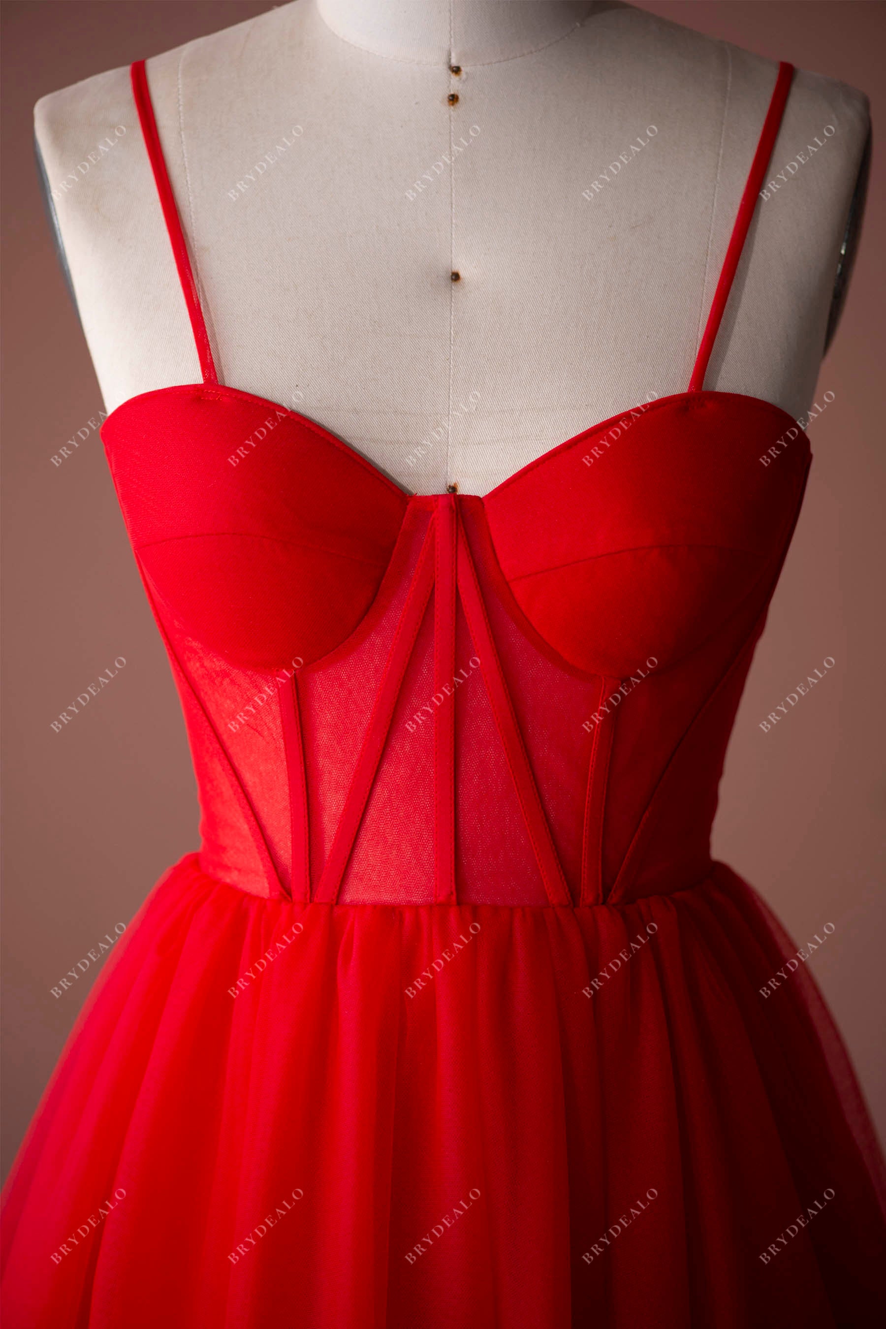 red straps sweetheart neck corset tulle A-line formal gown