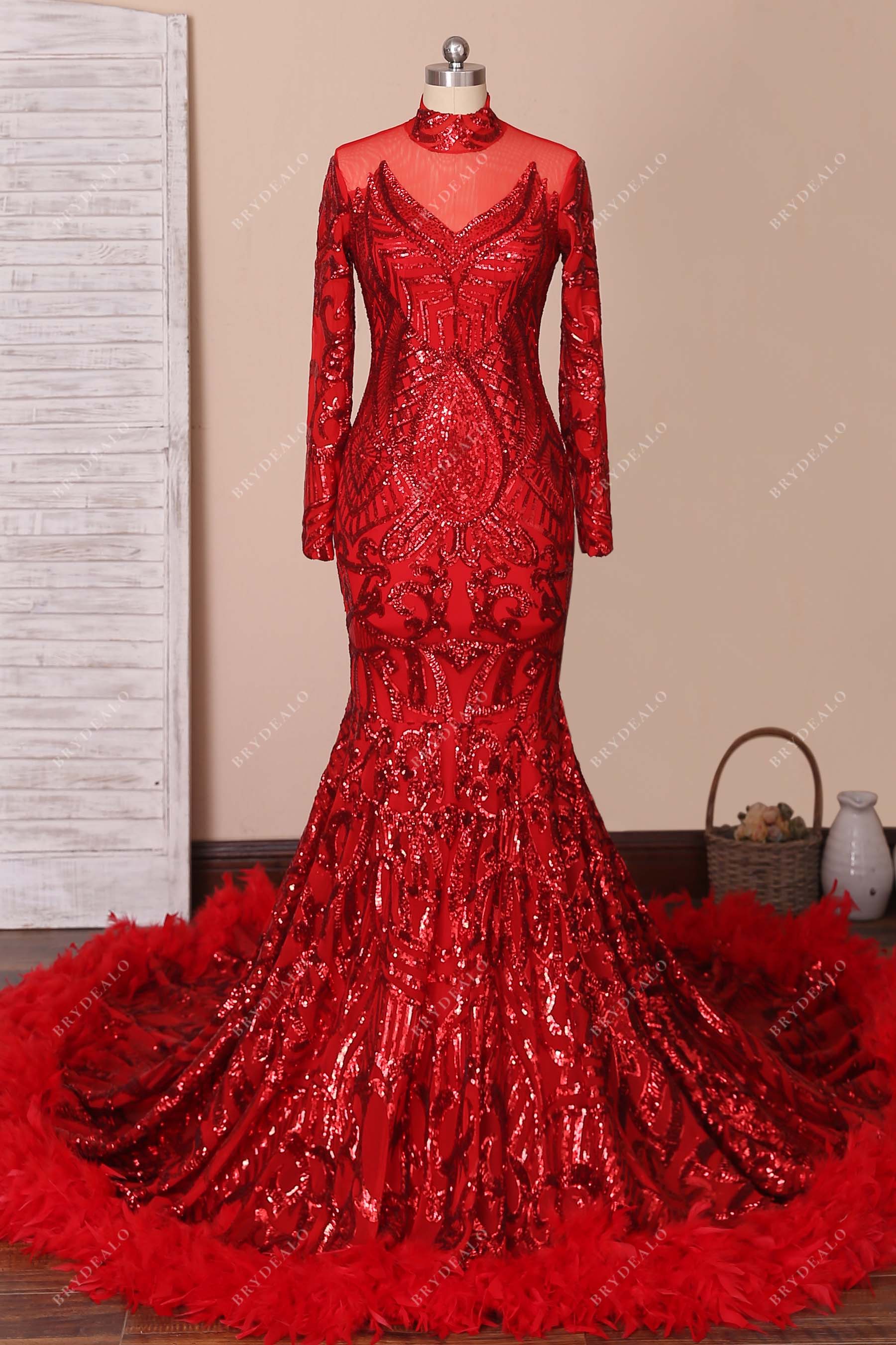 red unique sequin feathered mermaid prom dress